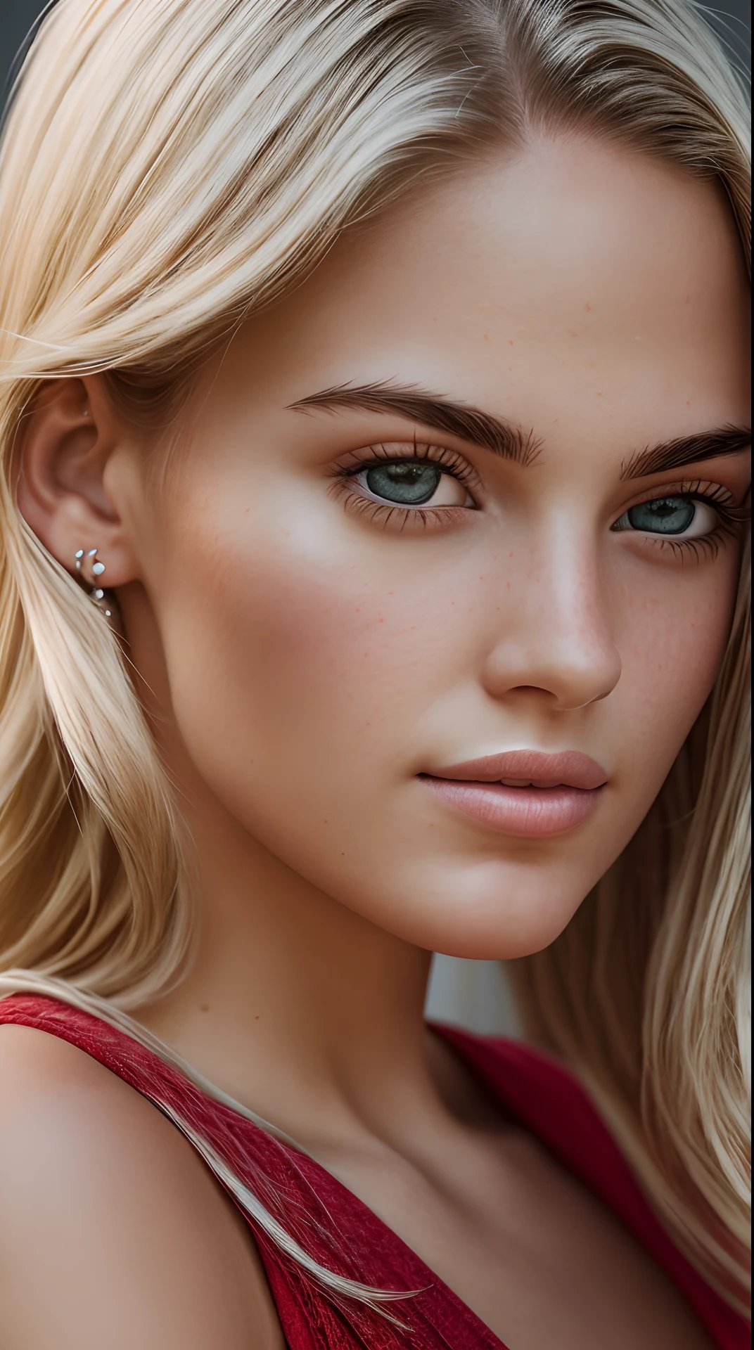 a portrait photography of a blonde girl in red top, detailed skin, highly detailed, diffused soft lighting, hyperrealism, cinematic lighting --auto --s2