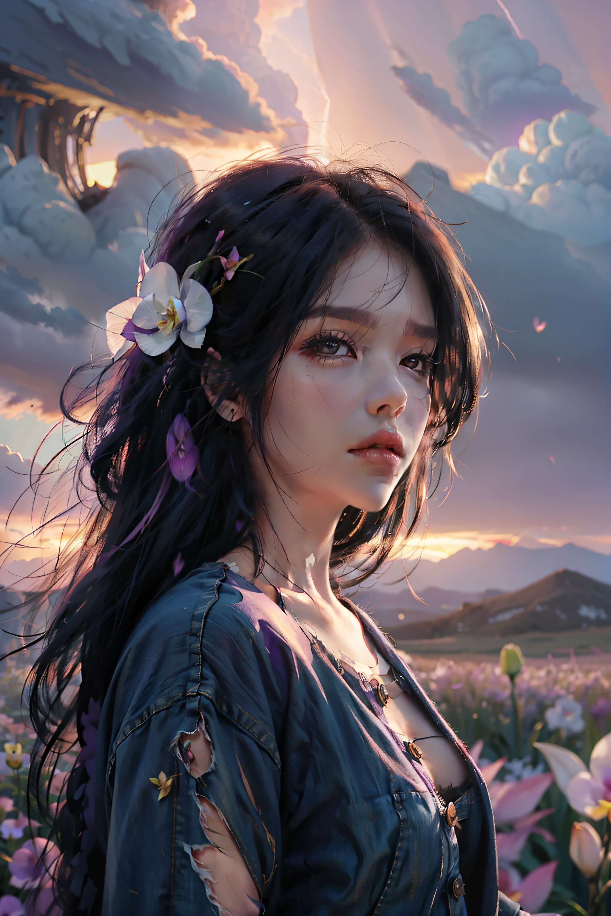 a beautiful brunette girl, long black hair develops in the wind, comes out of a purple portal, dressed in torn jeans and a shirt, an orchid flower lies next to her, against a pink sunset, magical fantasy sparks and lightning flicker over the girl, 8k, 4k, breathtaking, lush detail, cinematic, commercial art, digital art, digital painting