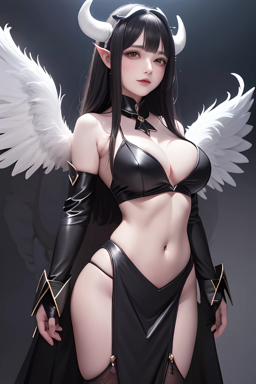 1girl, breasts, solo, horns, long hair, albedo (overlord), wings, large breasts, dress, hip vent, black wings, white gloves, gloves, looking at viewer, black hair, white dress, bare shoulders, hair between eyes, yellow eyes, feathered wings, demon horns, smile, feathers, demon girl, cleavage, slit pupils, detached collar, bangs, very long hair, closed mouth, black feathers, cowboy shot, covered navel, elbow gloves, white horns, standing, demon wings ,ultra high res, (photorealistic:1.4), raw photo,16K,dramatic lighting,