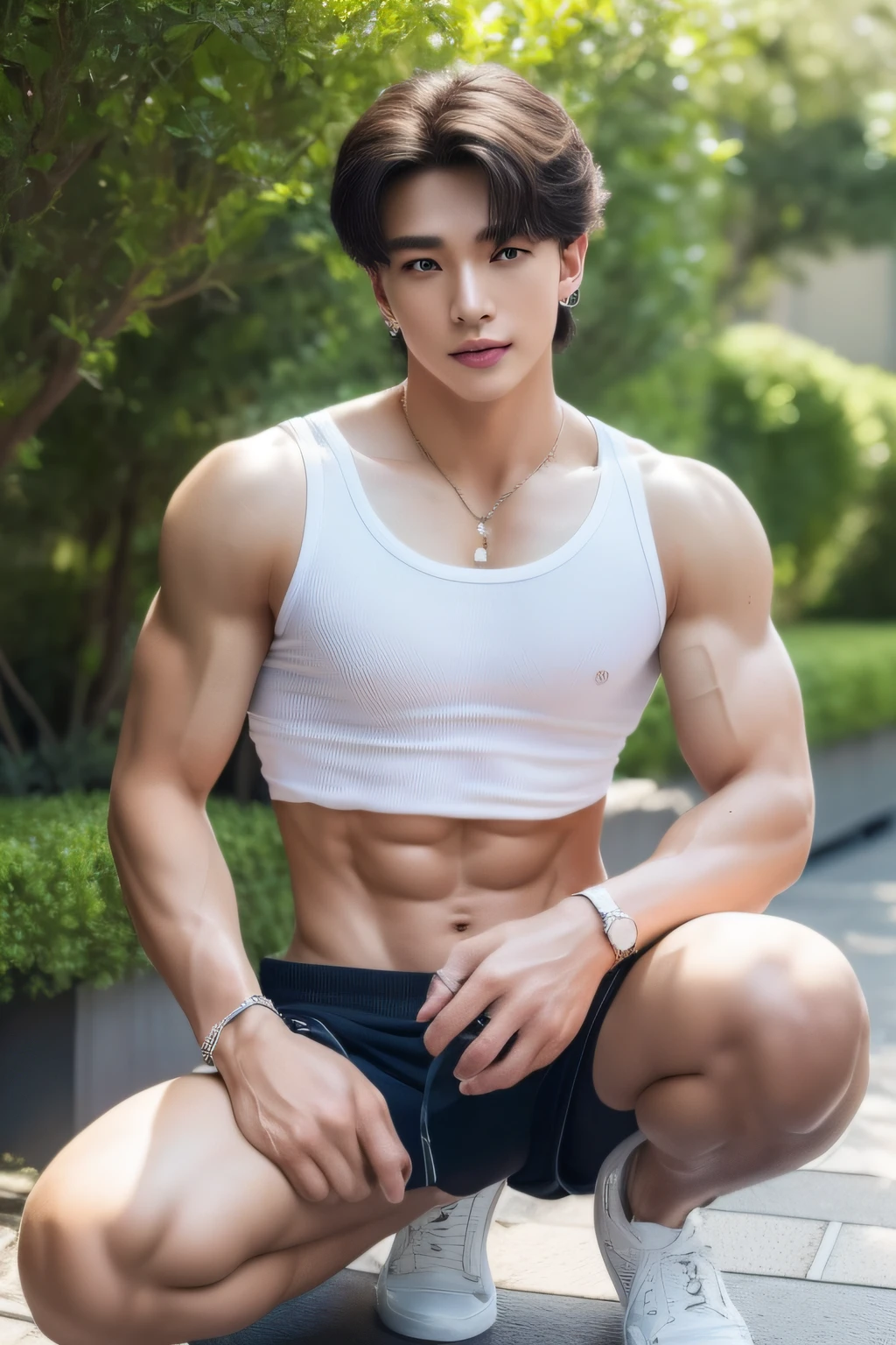 (​masterpiece、muscular beautiful legs:1.2)、(in a street、Lower body photo、Black cargo pants and Converse high-top canvas shoes、beautiful  lighting, Award-winning, Photorealsitic, realistic shadow, Realistic lighting, beautiful  lighting, Ray traching, intricate-detail, sullenness, thirds rule, ​masterpiece, (illustratio:1.1), hight resolution, (extremely details CG, Unity, 8k wallpaper:1.1), A hyper-realistic, ​masterpiece, bokeh dof, ighly detailed, Convoluted, zoomout, colourfull, vivd colour、Beautiful abs、White tank top、ighly detailed、​masterpiece、真实感、A hyper-realistic、hight resolution、zoomout、sullenness、Beautiful fece、ultra-detailliert、Good 、Crisp face