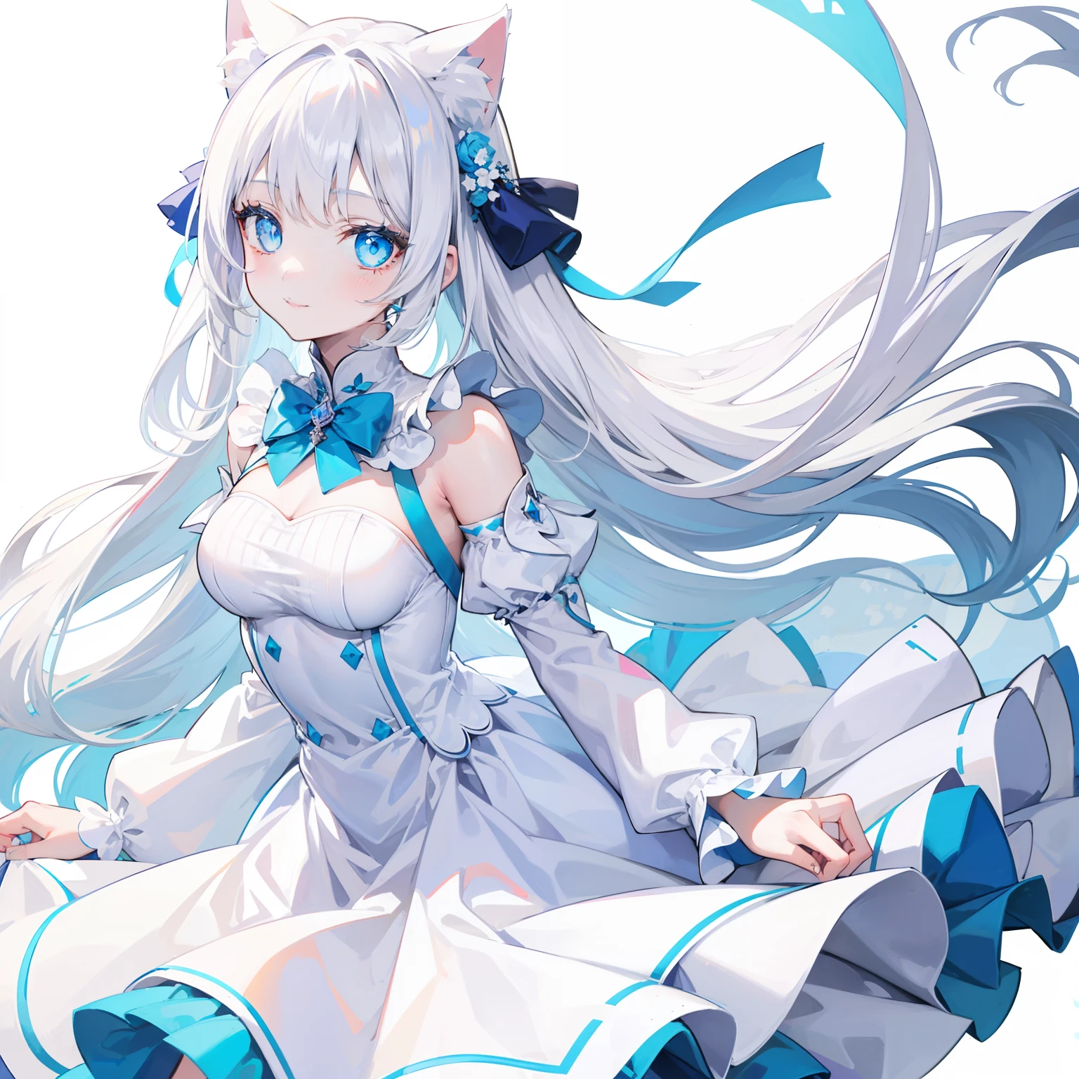 s girl,Long white hair that reaches the waist,White cat ears,Blue pupil,ssmile,Sideslit ,white dresses,Blue flowers dotted,Plain white background,