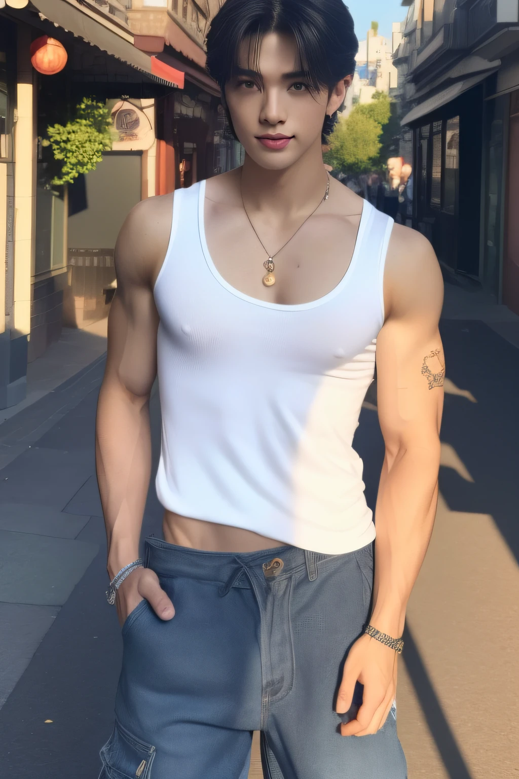 (​masterpiece、muscular beautiful legs:1.2)、(in a street、Lower body photo、Black cargo pants and Converse high-top canvas shoes、beautiful  lighting, Award-winning, Photorealsitic, realistic shadow, Realistic lighting, beautiful  lighting, Ray traching, intricate-detail, sullenness, thirds rule, ​masterpiece, (illustratio:1.1), hight resolution, (extremely details CG, Unity, 8k wallpaper:1.1), A hyper-realistic, ​masterpiece, bokeh dof, ighly detailed, Convoluted, zoomout, colourfull, vivd colour、Beautiful abs、White tank top、ighly detailed、​masterpiece、真实感、A hyper-realistic、hight resolution、zoomout、sullenness、Beautiful fece、ultra-detailliert、Good 、Crisp face