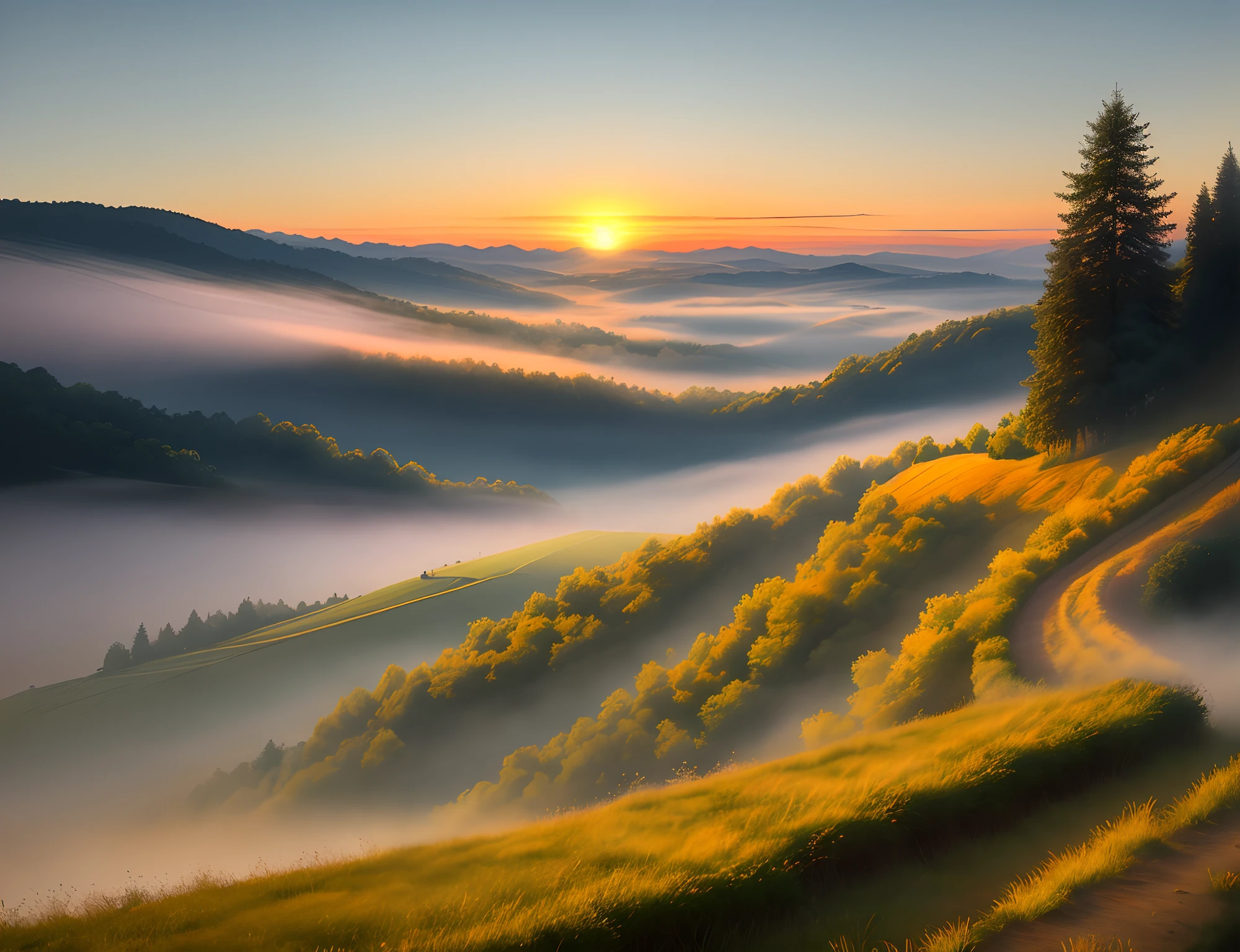 Beautiful countryside,Smoke,softcolors,Dream fog,terraced,eventide,the sunset