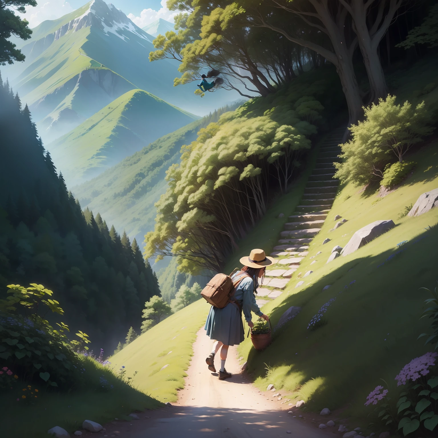 「Matilda picking flowers」In this part、It depicts the poet walking in nature。Climbing the green slopes、Under the roof of the forest、A poet walks slowly and softly on the steep slopes of a mountain。

Beautiful natural scenery、Inner Exploration、adventure