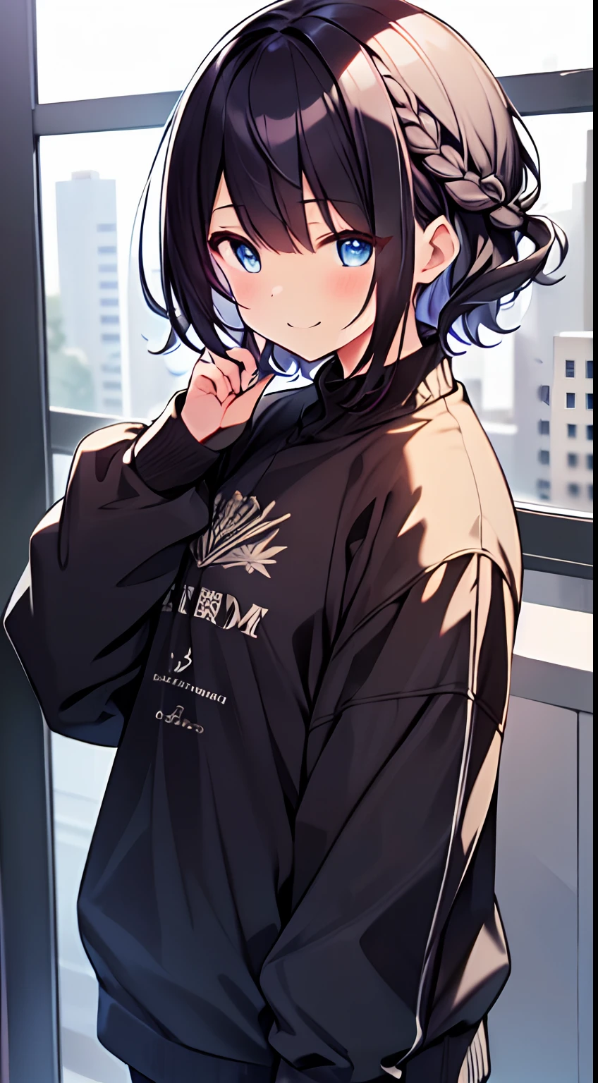 masutepiece, Best Quality,Illustration, Wallpaper, Ultra Detail, 1girl in,Solo,Beautiful detailed eyes,Very thick contour lines、Medium Short-Cut Hair、Short, Braided hair、(student clothes)、Dark hair color、A smile、Walking next door、Kamimei、Overlooking angle:1.2、small head
