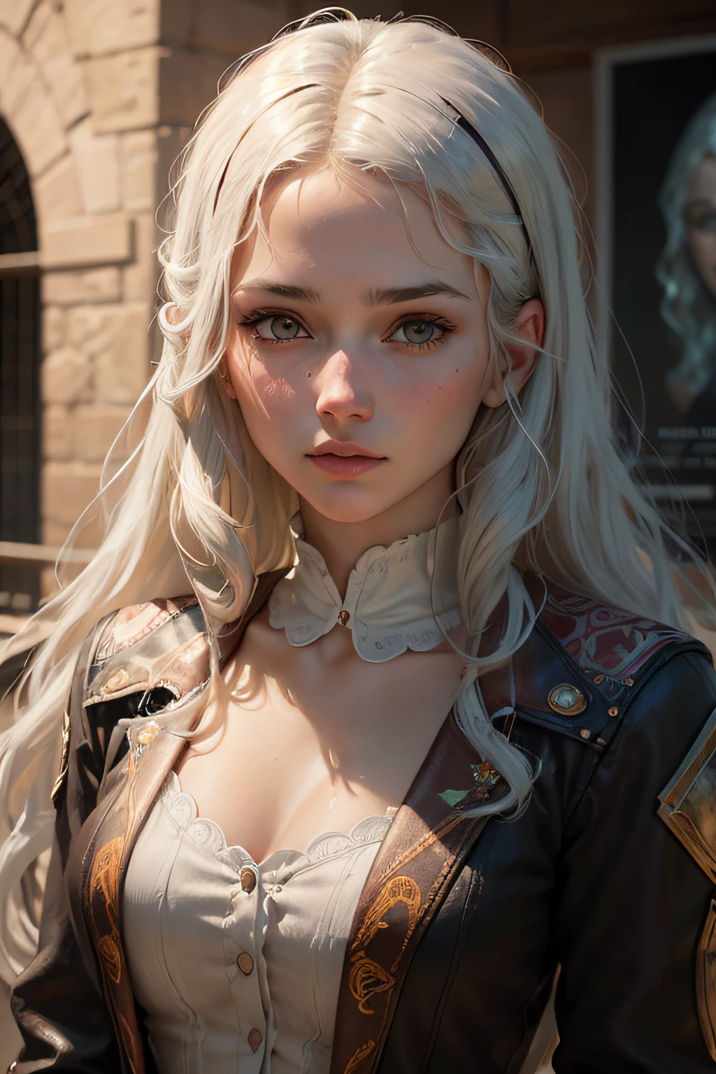 Hyperrealist portrait of female by david hockney and alphonse mucha,fantasy art, photo realistic, dynamic lighting, artstation, poster, volumetric lighting, very detailed faces, 4 k, award winning,, 1girl, in the dark, deep shadow, low key,cowboy shot,(official clothing:1.4) ,long hair,white hair,