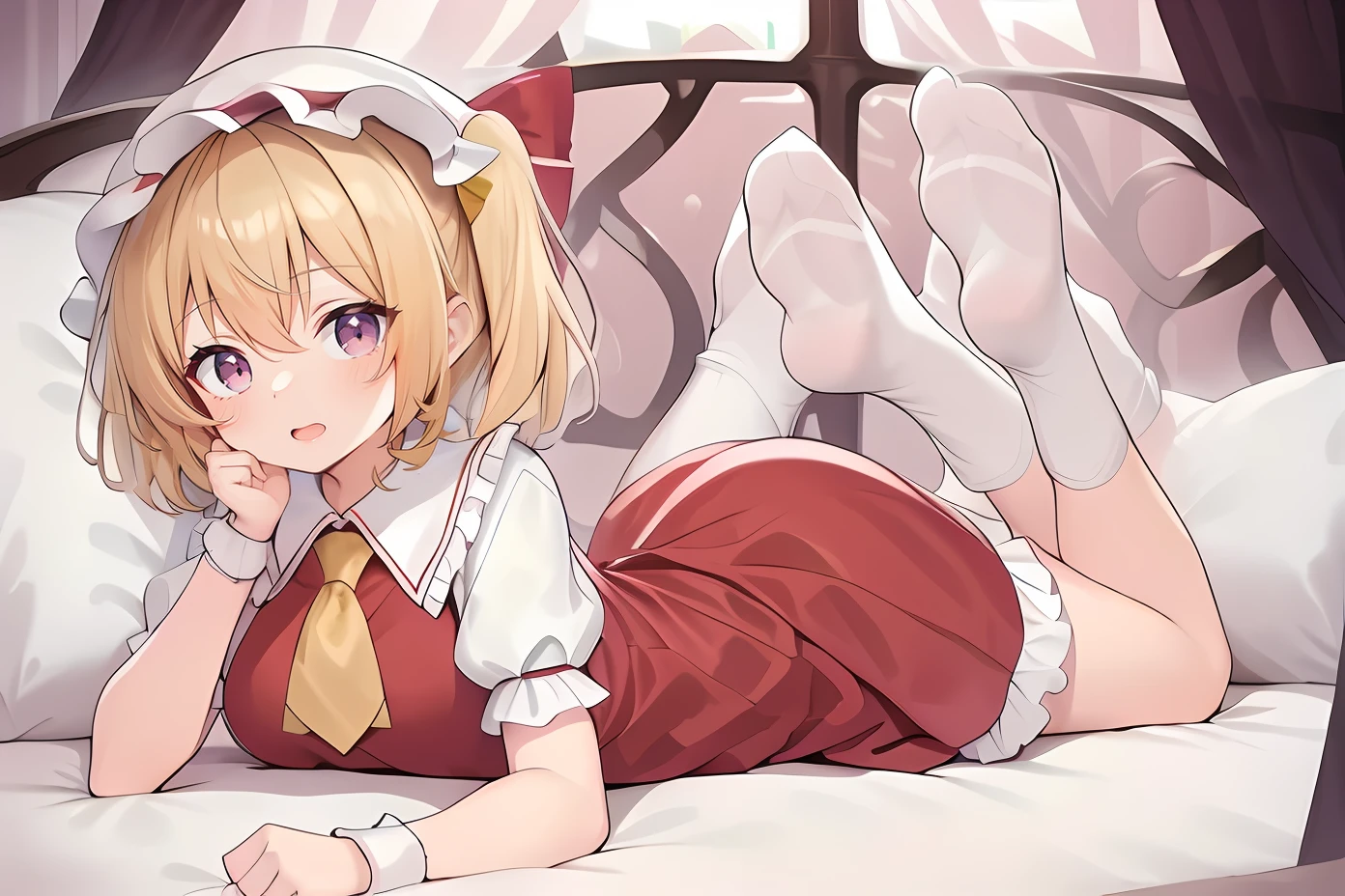 Anime girl lying on bed,Legs crossed, Splash art anime , anime girl in a maid costume, anime cat girl in a maid costume, small curvaceous loliime visual of a cute girl, Maid outfit, cute anime waifu in a nice dress, loli in s, anime barbie in white stockings, seductive anime girls, anime best girl, gorgeous maid