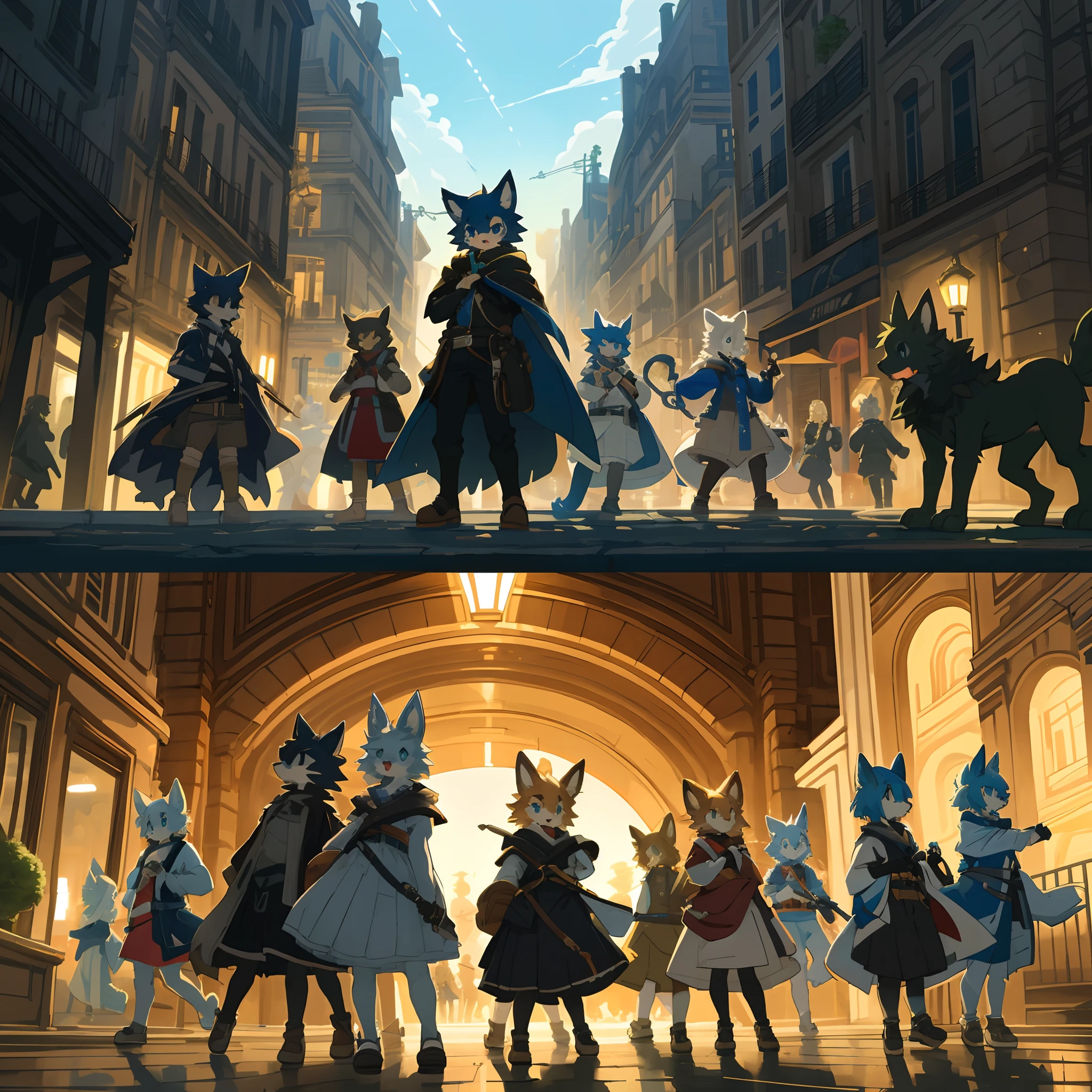 top quality, best quality, High-quality illustrations, masterpiece, super high resolution, detailed background, Streets of Paris, The fountain, 6+boys, 6+girls, absurdres(highly detailed beautiful face and eyes)perfect anatomy, expression, good lighting, cinematic shadow(kemono, furry anthro)assorted poses, dynamic angle, panel layout,