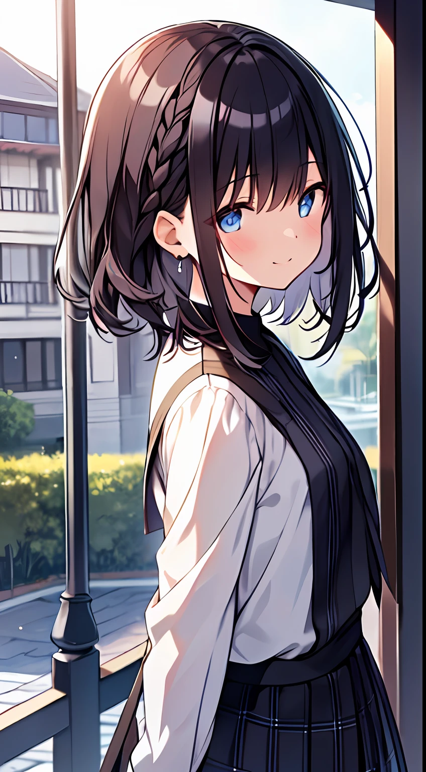 masutepiece, Best Quality,Illustration, Wallpaper, Ultra Detail, 1girl in,Solo,Beautiful detailed eyes,Very thick contour lines、Medium Short-Cut Hair、Short, Braided hair、(student clothes)、Dark hair color、A smile、Walking next door、Kamimei、Overlooking angle:1.2、small head