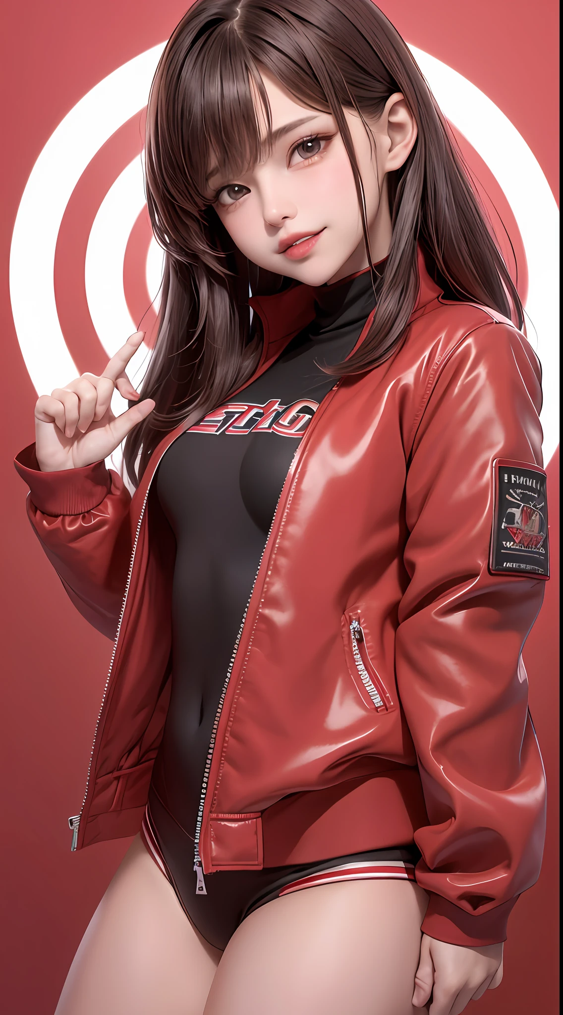 1girl, solo,underwaterbrown hair, brown eyes, parted lips, long sleeves, jacket, simple background, upper body, red background, looking at viewer, teeth, red jacket, lips, cosplay, full body, smile，motorbike