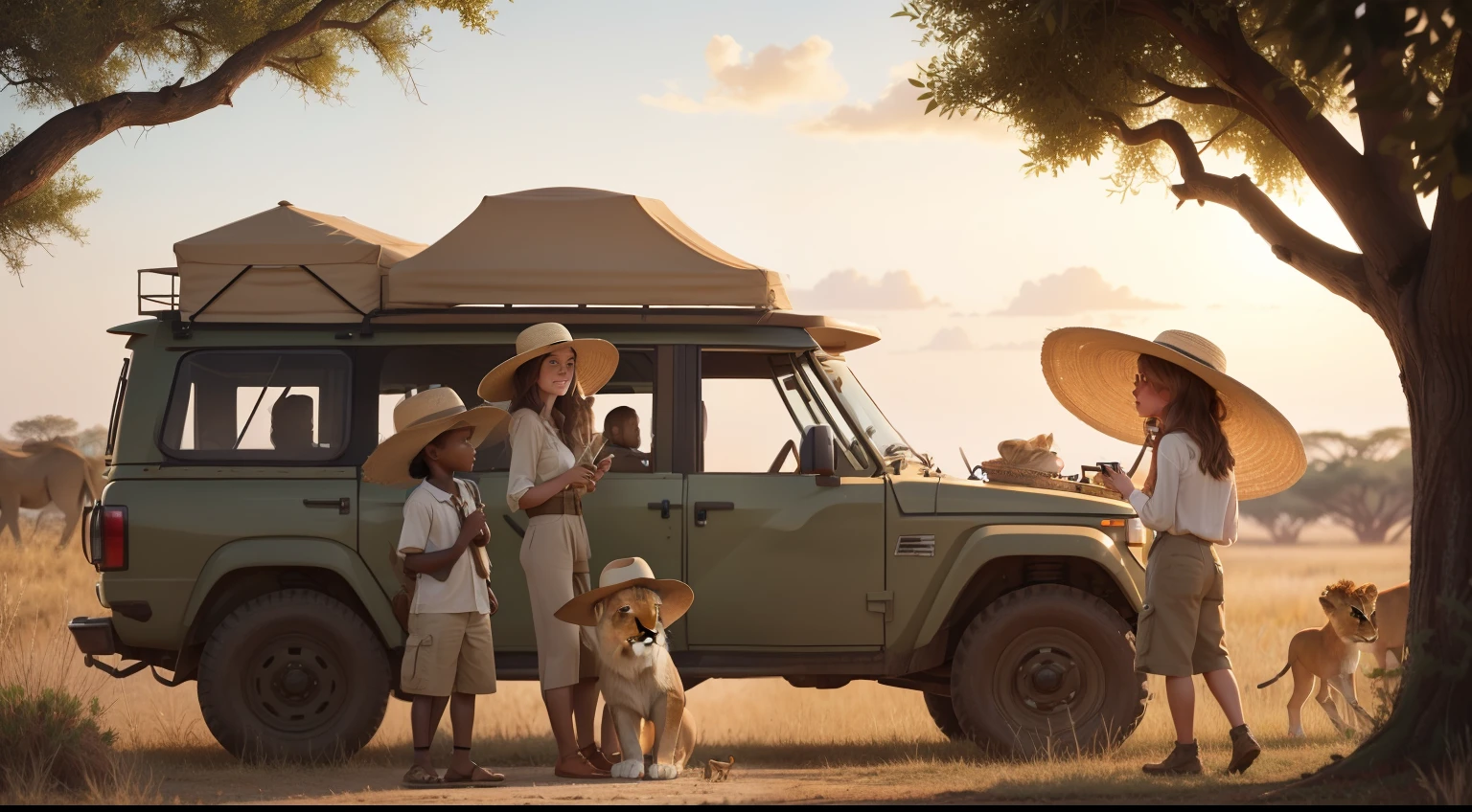 Wildlife Safari Encounter:
Witness The Bucket List Family's awe during an African safari. Garrett, in earth-toned safari attire and a wide-brimmed hat, captures the regal presence of lions on camera. Jess, her natural beauty accentuated by minimal makeup, observes alongside their children from the open-roofed safari vehicle. The golden hues of sunset bathe the savannah in a warm, ethereal light.