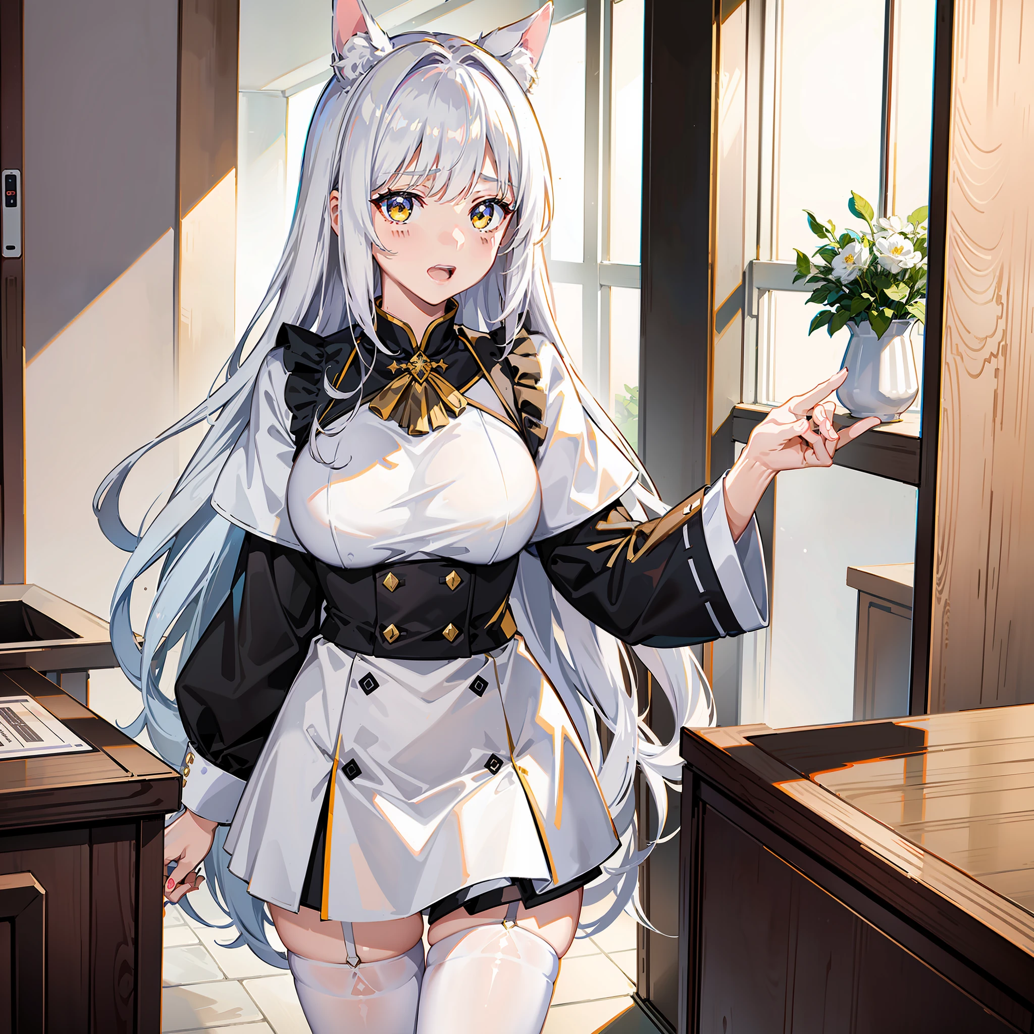 ((tmasterpiece)), ((best qualtiy)), (anime big breast), ((ultra - detailed)),(illustratio), (美丽细致的眼睛), (1girll), looking at viewert, depth of fields,Long white hair,Long hair and waist,White horse ears。 Yellow eyes, Black maid uniform, mediuml breasts,Be red in the face,Place your hands behind your back,white stockings,Sell hand sanitizer at the front desk,embarrassed laughing