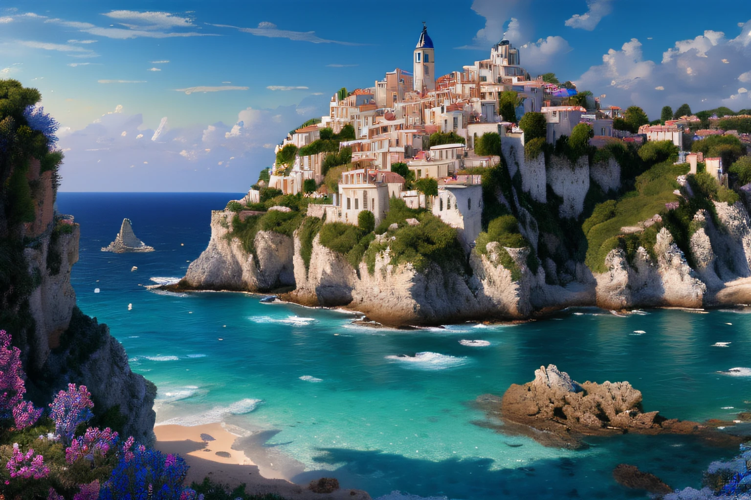 Paysage mer cristalline bleu profond,glycine, Eau cristalline, ciel azur lumineux, ,(Highly detailed CG Unit 8k wallpaper), The most beautiful work of art in the world, Professional majestic oil painting, complexe, High detail, mise au point nette, dramatique, Art of photorealist painting, Alma Tadema