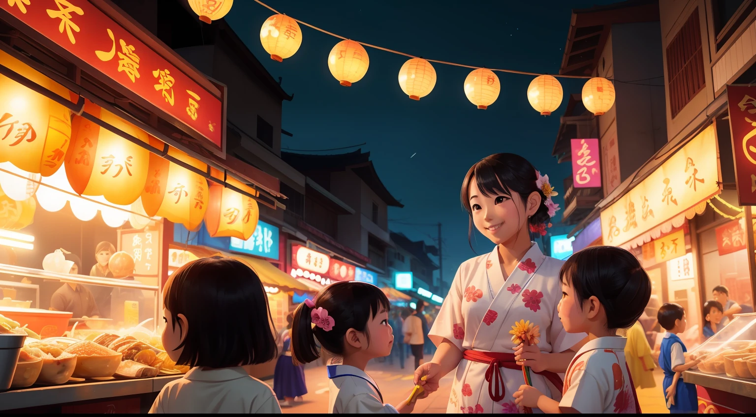 Asian Night Market Adventure:
Immerse yourself in an Asian night market with The Bucket List Family. Garrett, embracing the local culture with a traditional shirt and wide smile, savors street food with his children. Jess, in a flowing kimono-style dress and a flower in her hair, engages in conversations with locals, her eyes shining with curiosity. Neon lights cast a vibrant glow on the bustling scene.