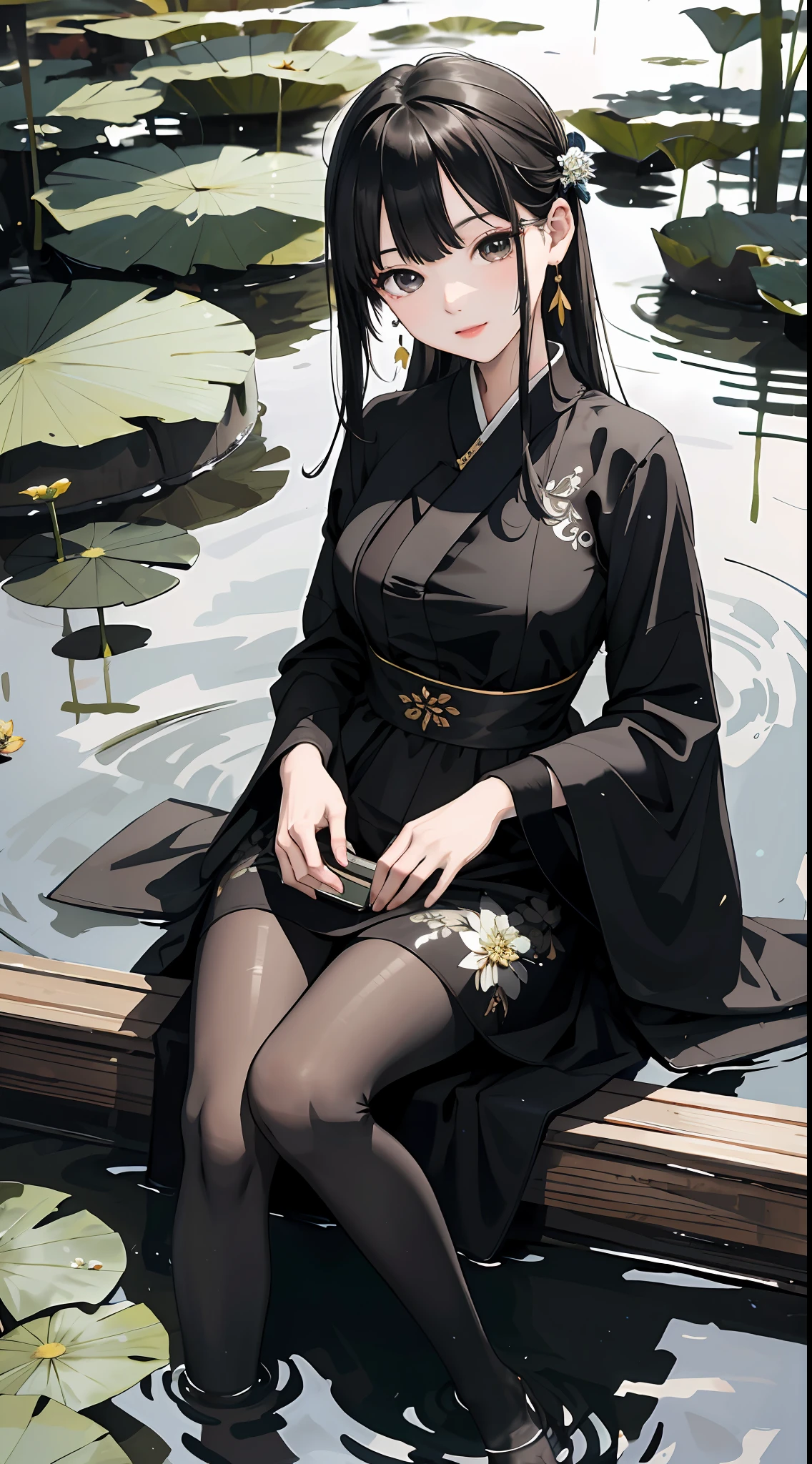 hoang lap，A high resolution，ultra - detailed，photo-realistic（1girll：1.3），handpainted，Simple lines，16 year old girl in black Chinese dress，beuaty girl，In the lotus pond，tmasterpiece，Sit on a plank floating on the water，black pantyhoses，black pantyhoses，ssmile，looking toward the viewer，Large round chest，huge tit