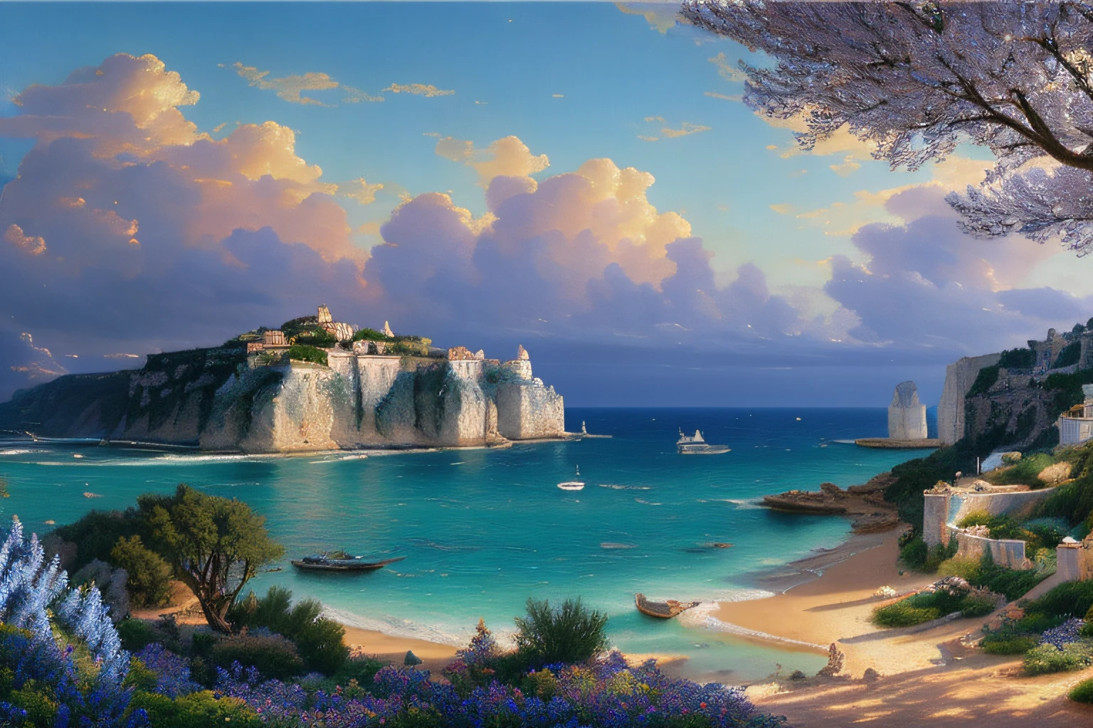 Paysage mer cristalline bleu profond,glycine, Eau cristalline, ciel azur lumineux, ,(Highly detailed CG Unit 8k wallpaper), The most beautiful work of art in the world, Professional majestic oil painting, complexe, High detail, mise au point nette, dramatique, Art of photorealist painting, Alma Tadema