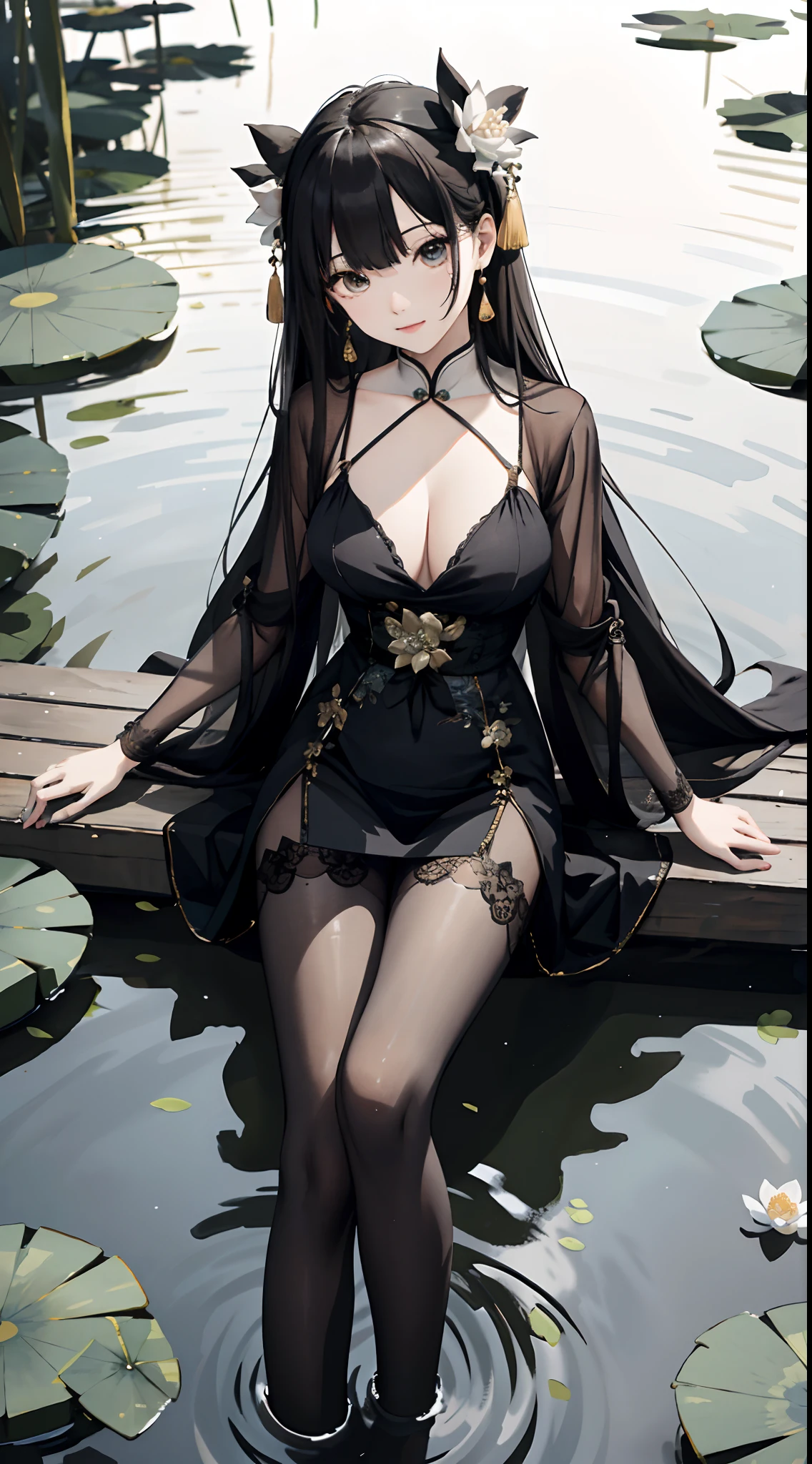 hoang lap,A high resolution,ultra - detailed,photo-realistic(1girll:1.3),handpainted,Simple lines,16 year old girl in black Chinese dress,beuaty girl,In the lotus pond,tmasterpiece,Sit on a plank floating on the water,black pantyhoses,black pantyhoses,ssmile,looking toward the viewer,Large round chest,huge tit