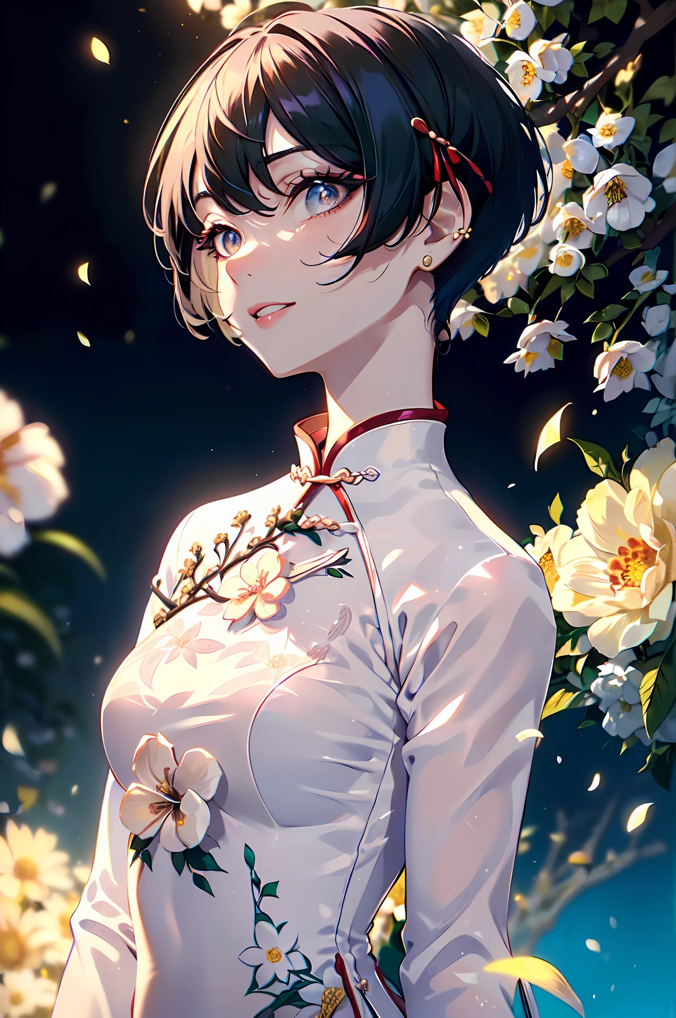Top quality, incredibly beautiful, very delicate 8k wallpaper, Transcendently Beautiful Girl, (masterpiece face, masterpiece eyes:1.5), (pixie cut hair:1.3), (grin), (black hair, short shaved sides, very short back, very short side, under cut, side cut:1.3), (long eyelashes, red lips), choker, piercing, (Huge_breasts, wide_lower back), (five fingers, 4fingers and 1thumb), (Floral white ao dai:1.5), side focus, standing, outdoor, daytime, garden,