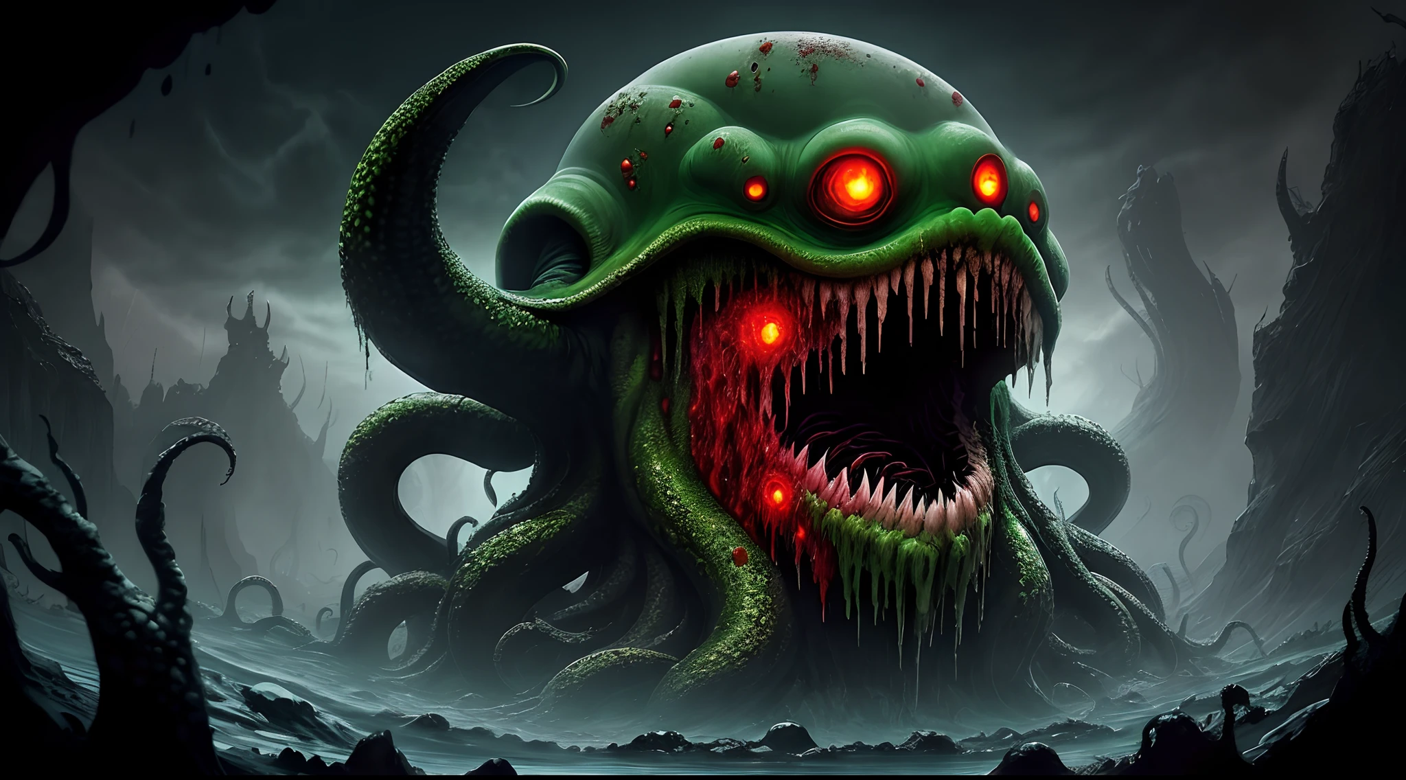 Cthulhu flesh and blood corroding the earth tentacles maiden