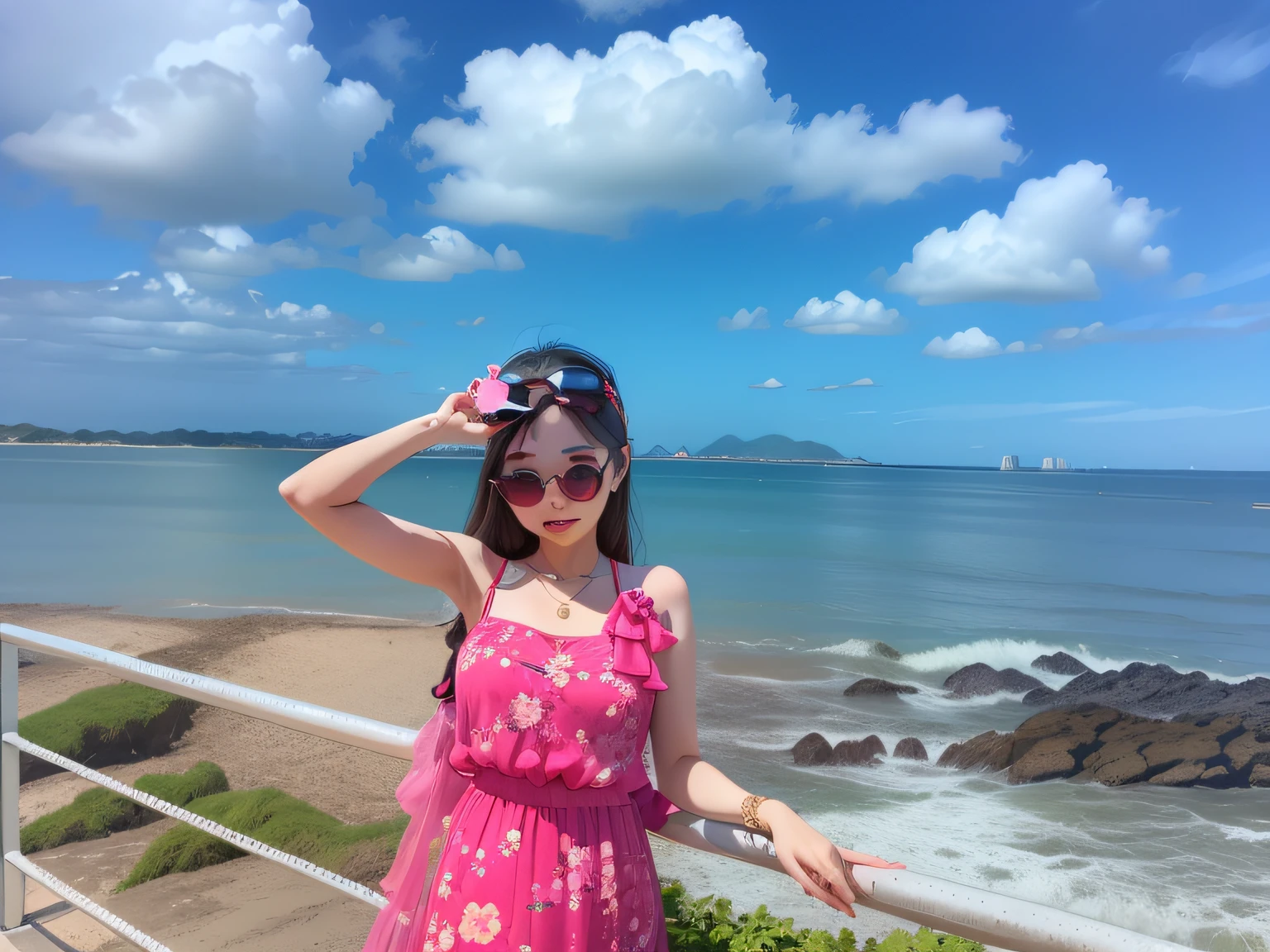 Alafeld girl standing on railing in pink dress and sunglasses, xintong chen, the ocean in the background, mai anh tran, belle delphine, wearing pink floral chiton, Chiba Yuda, dang my linh, wearing a pink dress, Standing near the beach, the ocean in the background