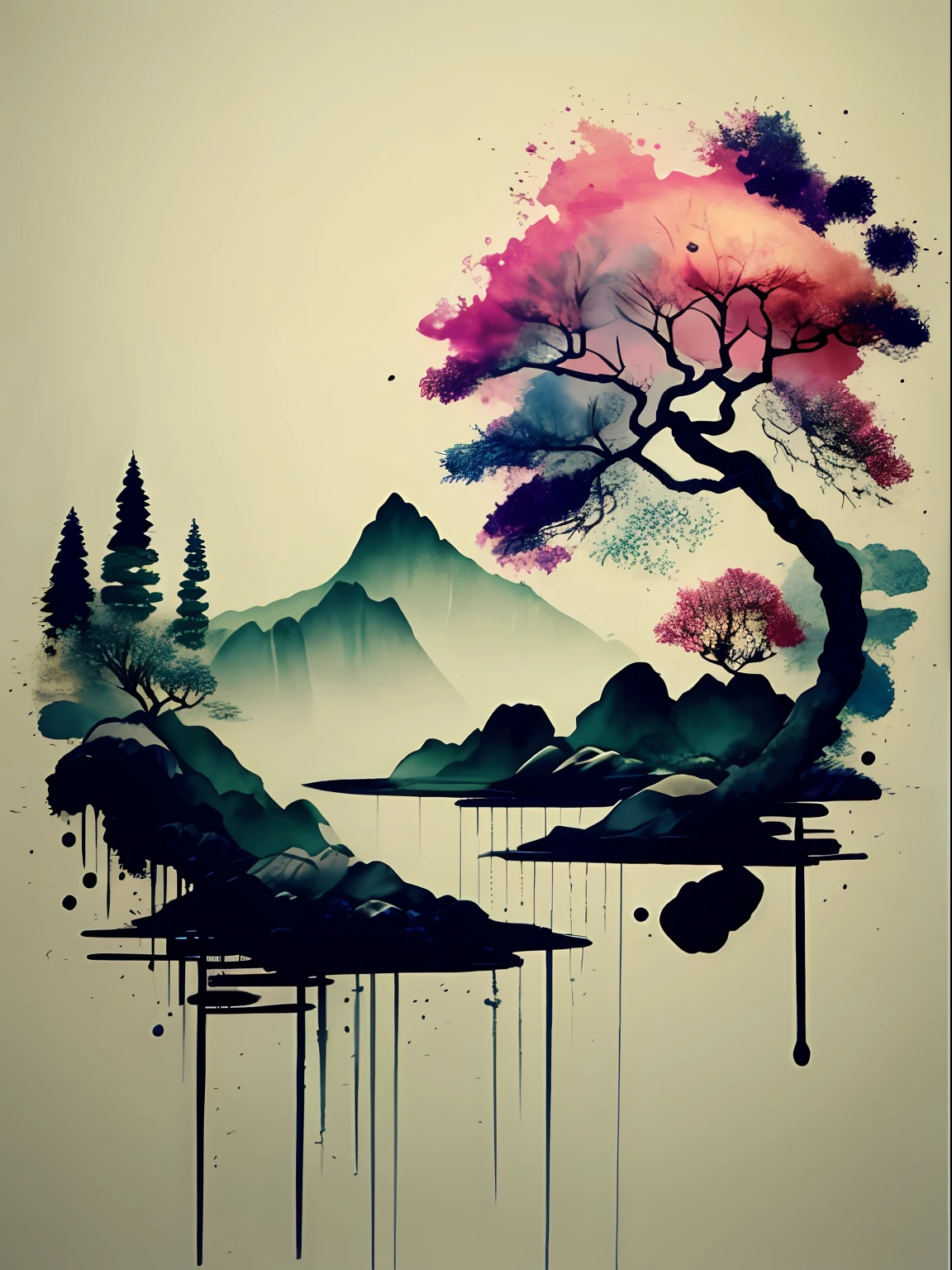 1 white T-shirt with ink drawing on it,scenecy, mont, Eau, the trees,Color ink,Color dripping,