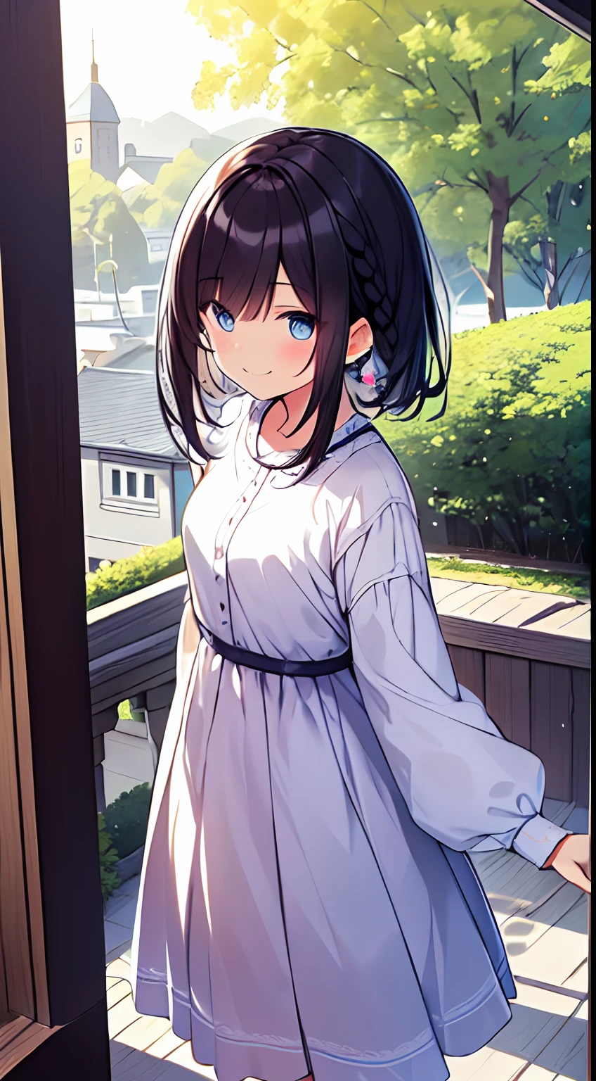 masutepiece, Best Quality,Illustration, Wallpaper, Ultra Detail, 1girl in,Solo,Beautiful detailed eyes,Very thick contour lines、Medium Short-Cut Hair、Short, Braided hair、(student clothes)、Dark hair color、A smile、Walking next door、Kamimei、Overlooking angle:1.2、small head