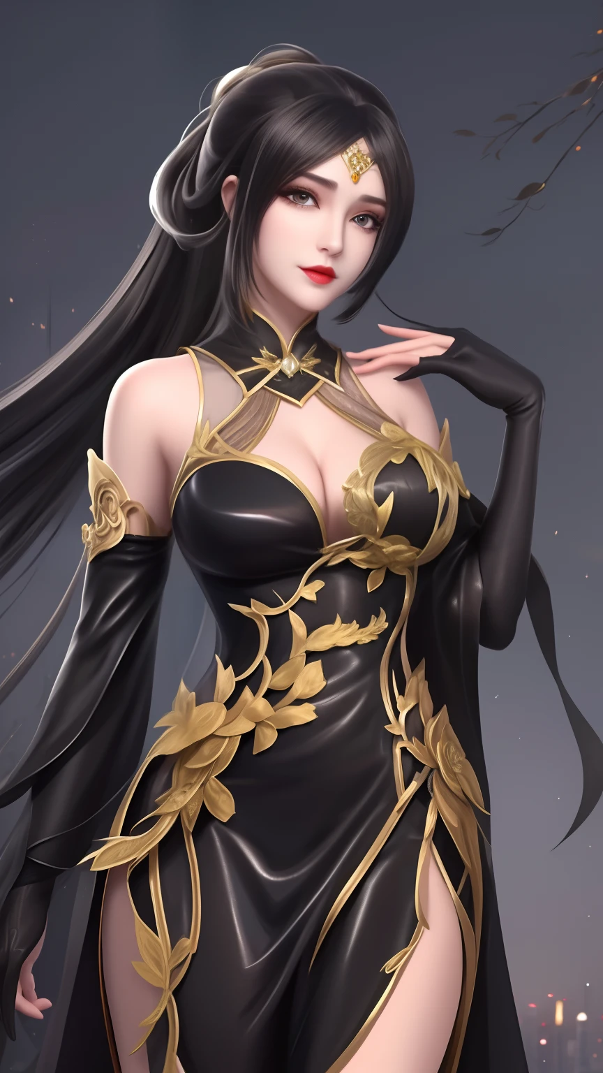 1girll, Mature female,black long dress, Cityscape, view the viewer, Detached sleeves, hair adornments, Elbow gloves, pony tails, Golden decoration, china dress, forehead jewel, Bra,light yarn, See-through,
