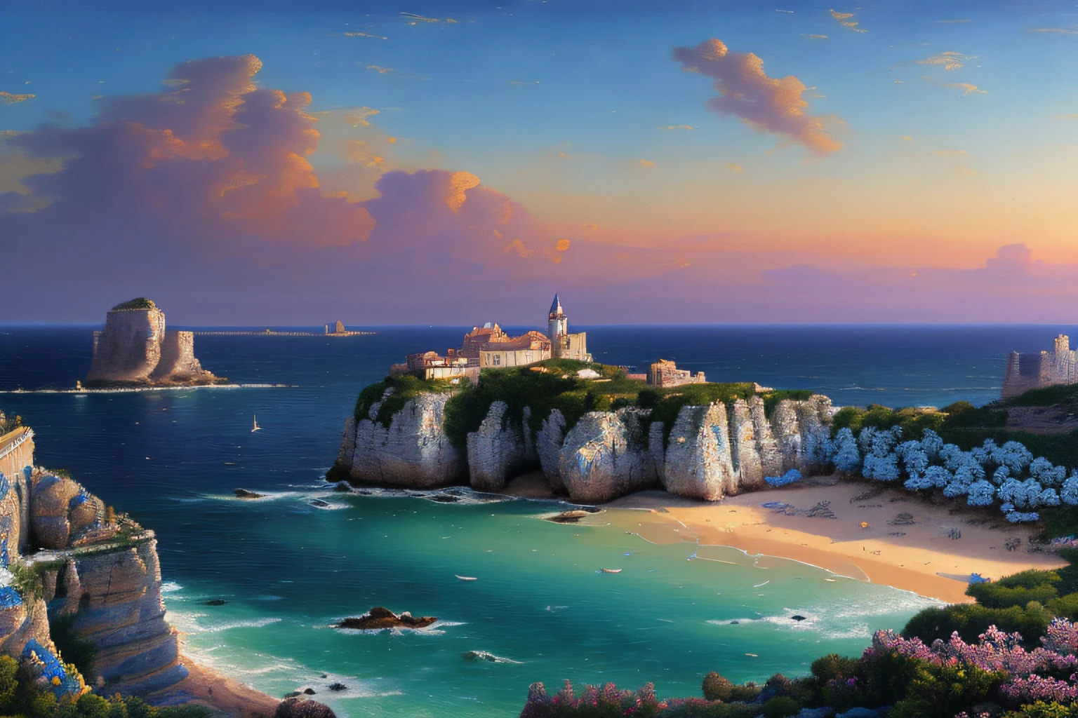 Paysage mer cristalline bleu profond,glycine, Eau cristalline, ciel azur lumineux, ,(Highly detailed CG Unit 8k wallpaper), The most beautiful work of art in the world, Professional majestic oil painting, complexe, High detail, mise au point nette, dramatique, Art of photorealist painting, Alma Tadema