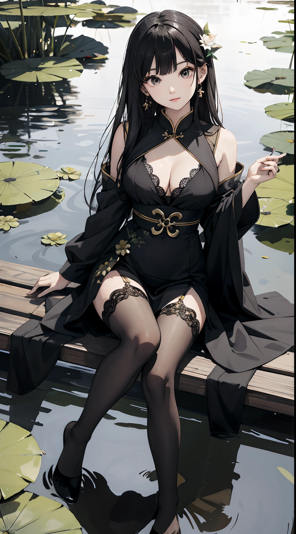 hoang lap,A high resolution,ultra - detailed,photo-realistic(1girll:1.3),handpainted,Simple lines, girl in black Chinese dress,beuaty girl,In the lotus pond,tmasterpiece,Sit on a plank floating on the water,black pantyhoses,black pantyhoses,ssmile,looking toward the viewer,Large round chest,huge tit