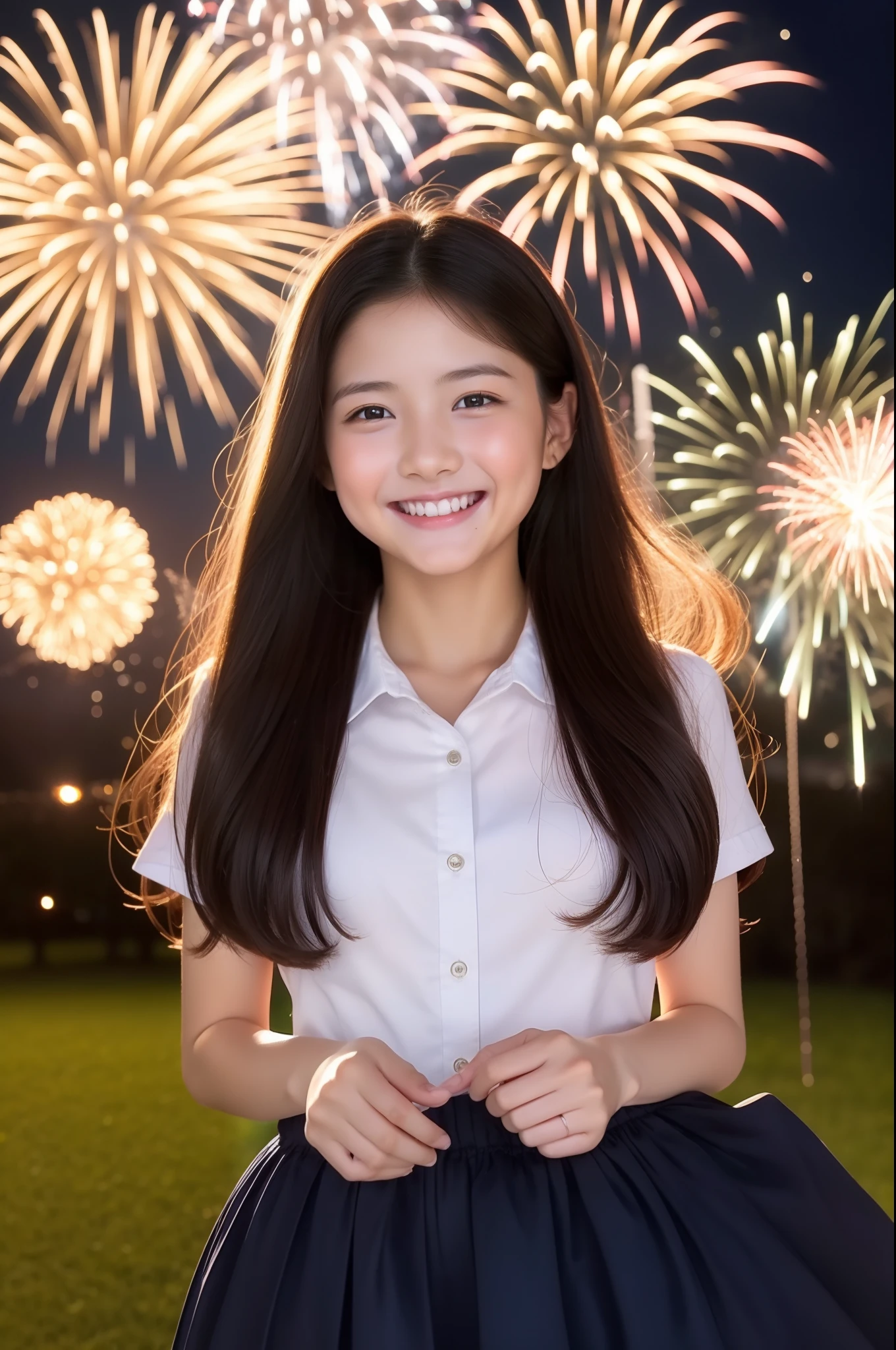 A smile、a baby face、a beauty girl、hi-school girl、While doing fireworks