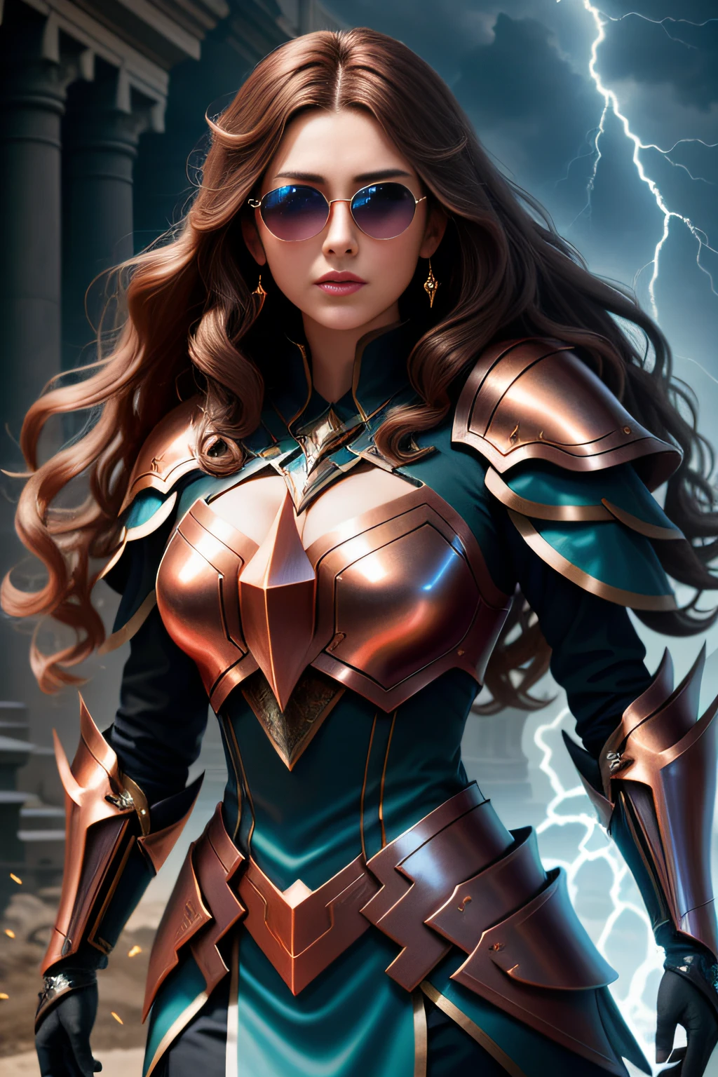 Elastic photos [Siren|sorceress woman] , Thunderball, A woman in armor wearing sunglasses,salama ,wearing edgThunderstruck_Armor, electrified, weilding thunder, Perfect face, Pretty face, Brown eyes, copper-haired, Big hair, Flat chest, lush detailing, absurderes,