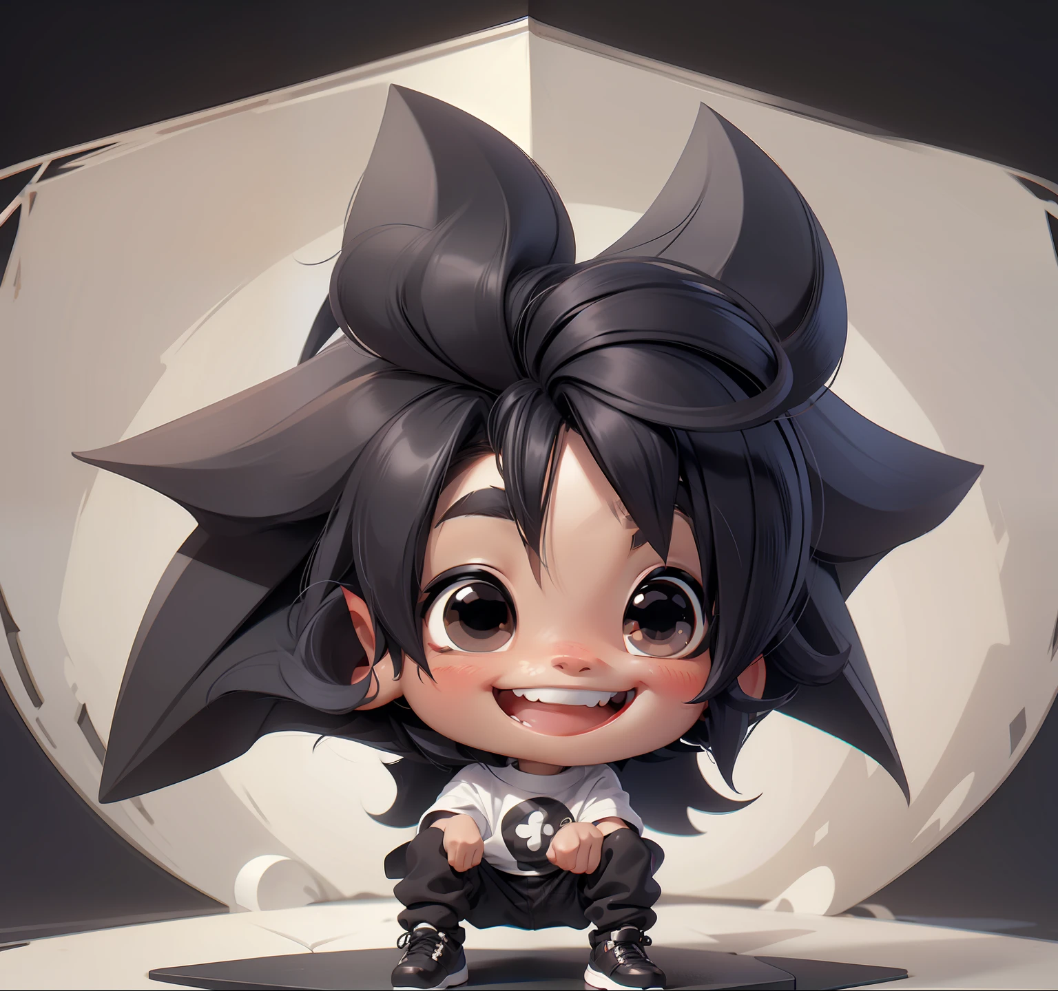 a very small boy big head chibi proportion with long messy crazy black hair,smiling with visible teeth,in the style of pop!,white background