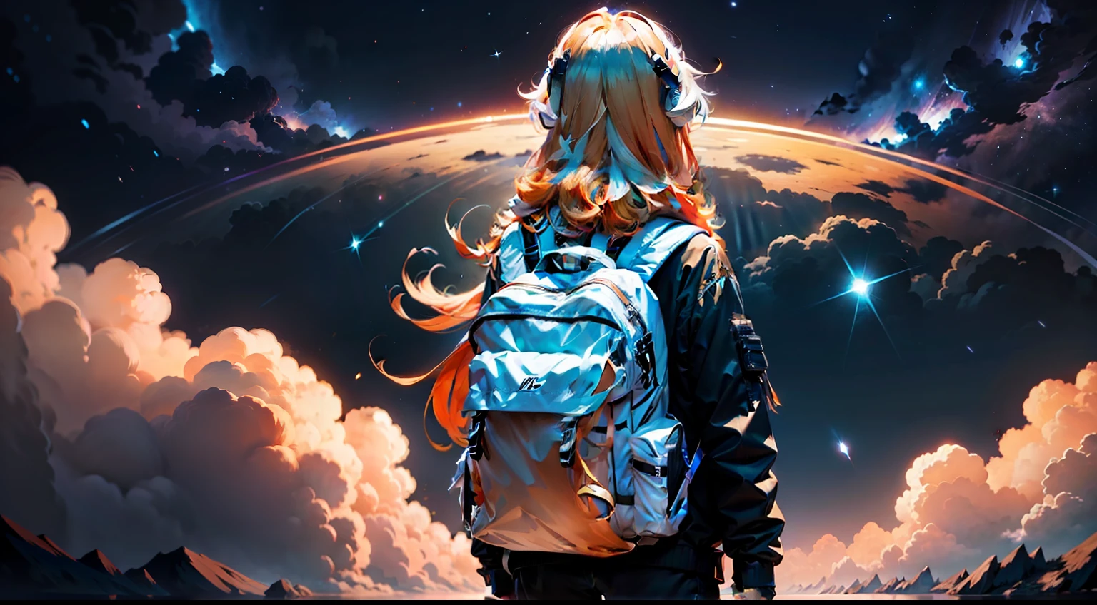 long whitr hair,backpacks,nigh sky,Side Body,High- sharpness,meteors,Wallpapers,Orange hair,In a Japanese anime style,Put your hands in your pockets