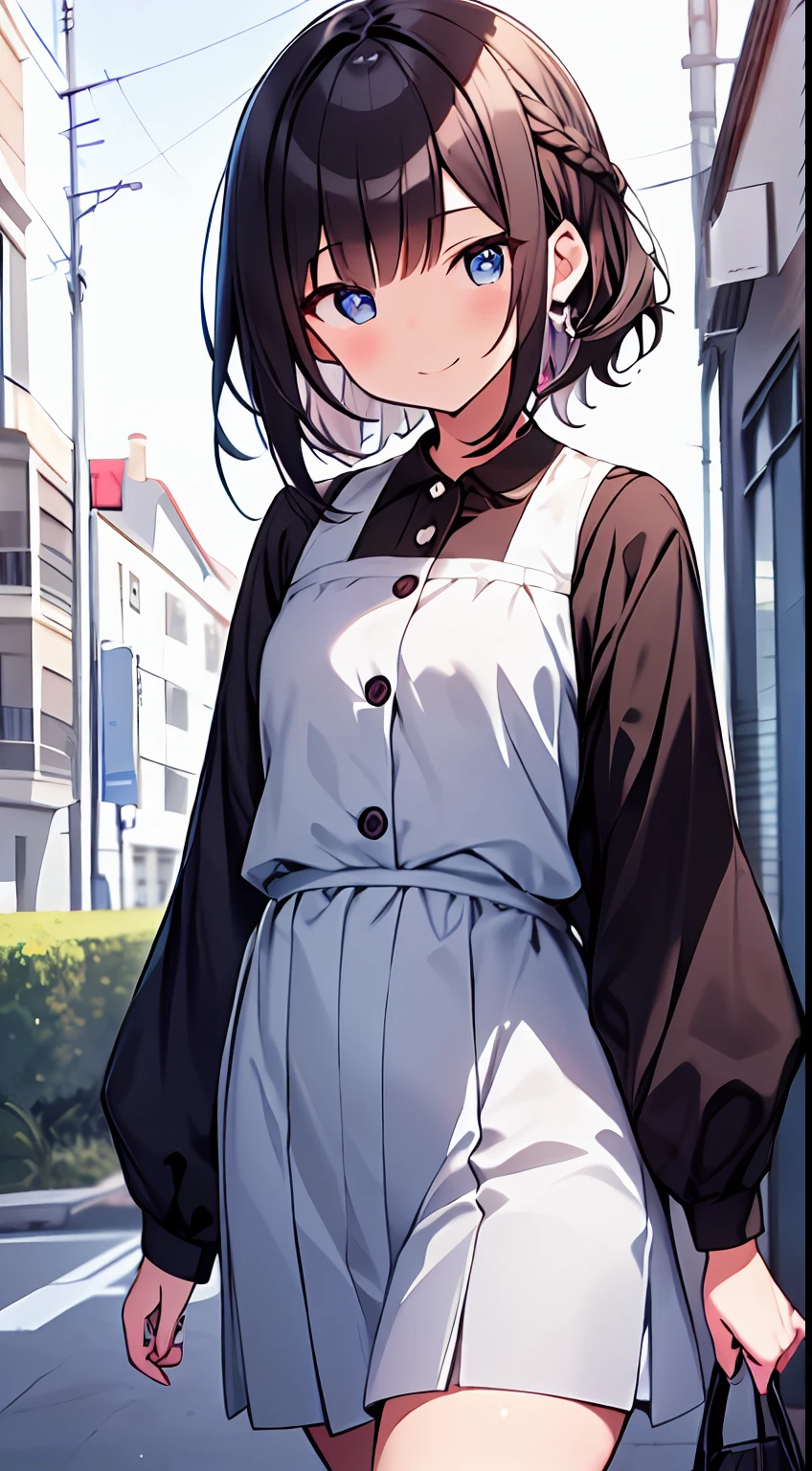 masutepiece, Best Quality,Illustration, Wallpaper, Ultra Detail, 1girl in,Solo,Beautiful detailed eyes,Very thick contour lines、Medium Short-Cut Hair、Short, Braided hair、(student clothes)、Dark hair color、A smile、Walking next door、Kamimei、Overlooking angle:1.2、small head