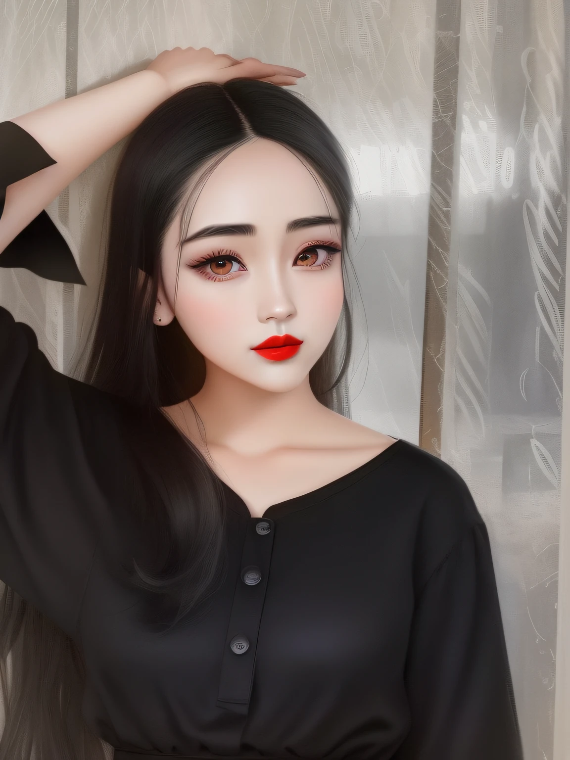 There was a woman wearing a black shirt and red lipstick, dilraba dilmurat, personal profile picture, 1 8 I, Profile image, Clear lips and high quality, 18 years old, Ruan cute vtuber, With black, 2 , dang my linh, xintong chen, nivanh chanthara