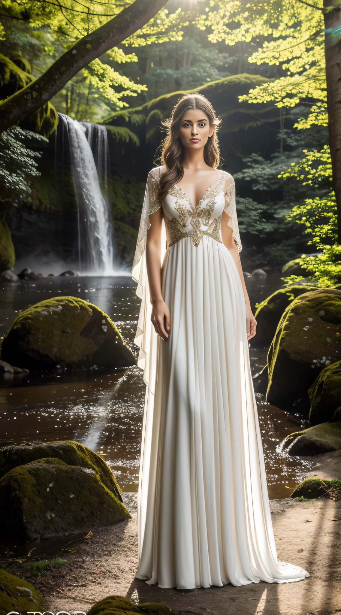 Mulher sensual, de vinte anos, loira de olhos azuis, is wearing a long white dress, sexy, mangas longas, decote sensual, encantador e fluente, which reflects the elegance of the elven garments. O vestido flui graciosamente enquanto ela caminha pelo bosque, capturing the breeze with a gentle swaying, evoking the ethereal beauty associated with the fashion of the elves. The intricate design of the dress is adorned with delicate gold and silver details that glow in the sunlight filtering through the trees, emitting an aura of sophistication and fascination. Parts of the dress are in constant motion, Dancing in the wind, and a fluttering cape completes the scene, adding an added touch of dramatic elegance. A cena mostra a mulher de corpo inteiro, com belos seios, captured in a photo that immortalizes her beauty and grace as she explores the woods with its waterfalls. Seus olhos azuis brilham em harmonia com os tons naturais ao seu redor, and the atmosphere seems charged with a magical enchantment. The overall effect is of a captivating and exquisite dress that enhances her presence, Combining perfectly with the magical environment of the forest and creating an image that remains in the memory, red lips, chromatic aberration abuse, UHD, retina, masterpiece, ccurate, (((anatomically correct))), textured skin, super detail, high details, high quality, award winning, best quality, highres, 1080P, HD, 4K, 8k, 16k --q5