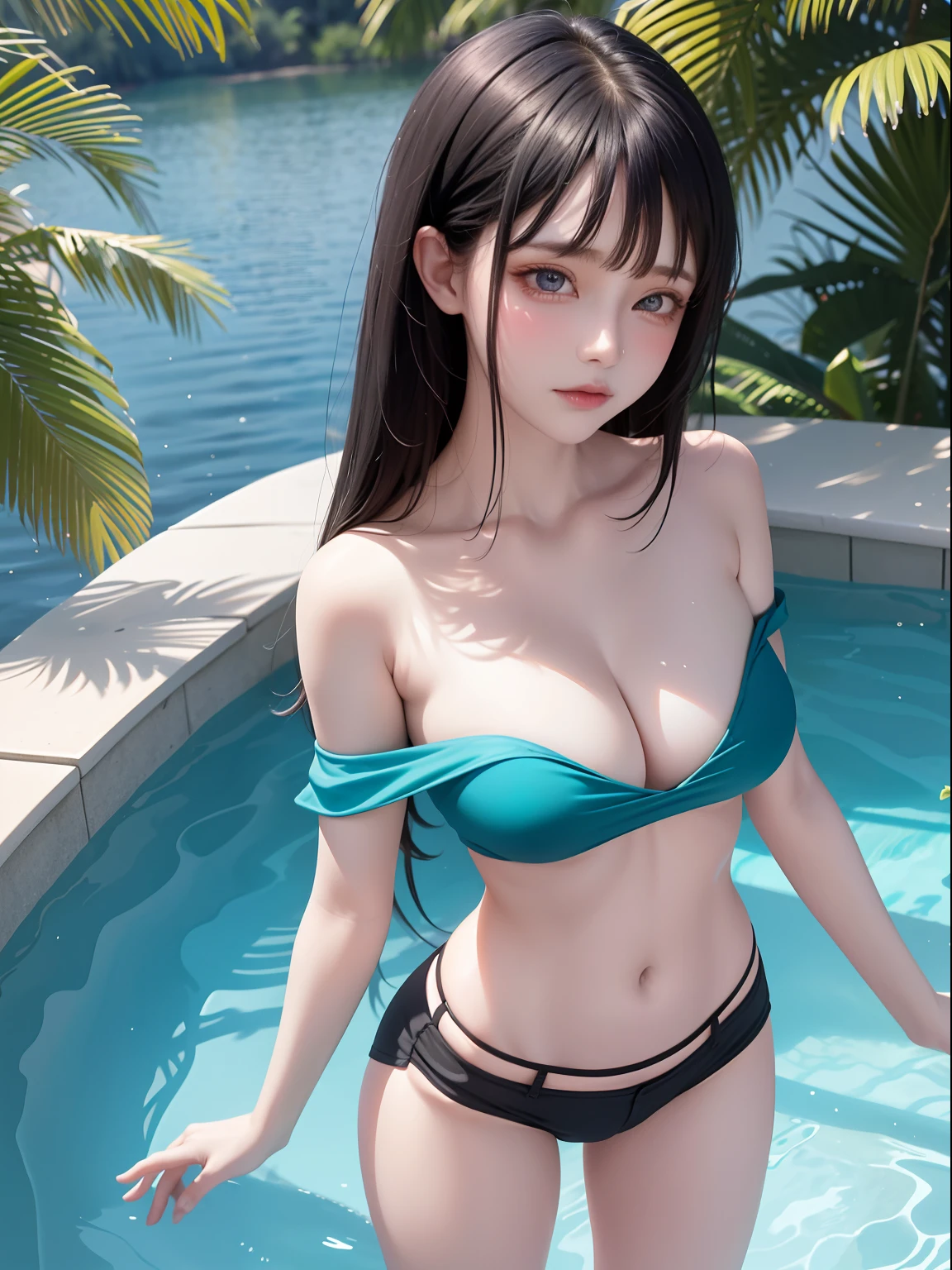1girl, aqua eyes, black hair, closed mouth, multicolored background, looking at viewer, outdoors, solo, upper body, alluring, clean, beautiful face, pure face, pale skin, sexy pose,((tube top, off shoulder, navel, shorts)), long hair, ((perfect female figure)), mature female, milf, narrow waist, chinese deity, seductive,close up to breast