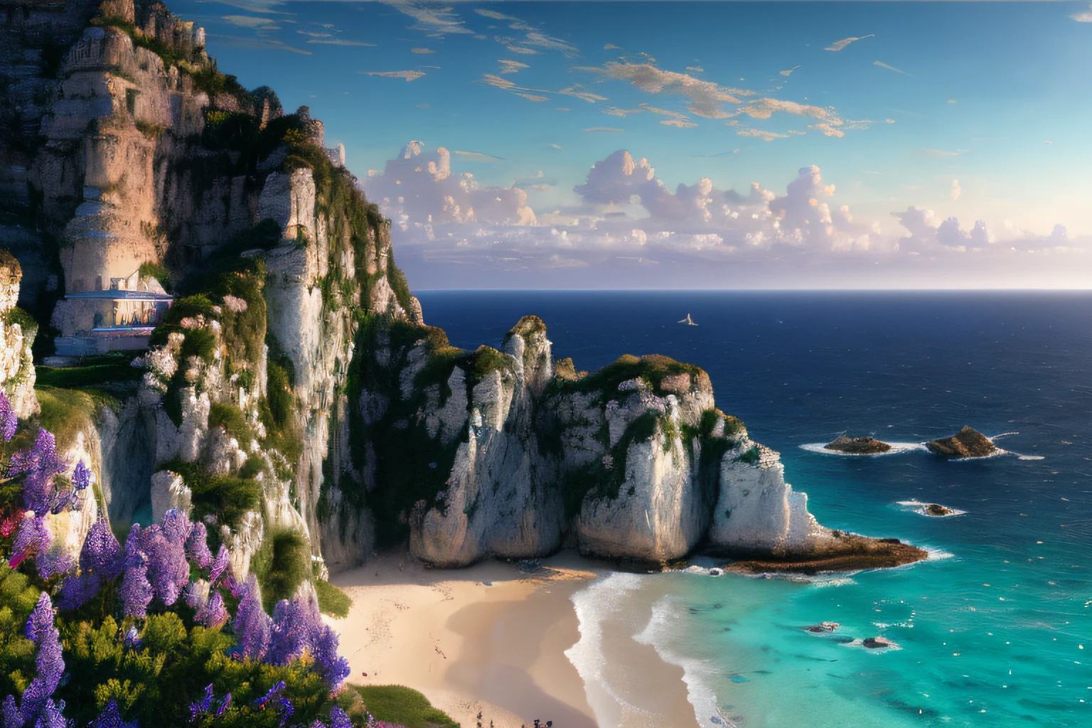 Paysage mer cristalline bleu profond,glycine, Eau cristalline, ciel azur lumineux, ,(Highly detailed CG Unit 8k wallpaper), The most beautiful work of art in the world, Professional majestic oil painting, complexe, High detail, mise au point nette, dramatique, Art of photorealist painting, Alma Tadema