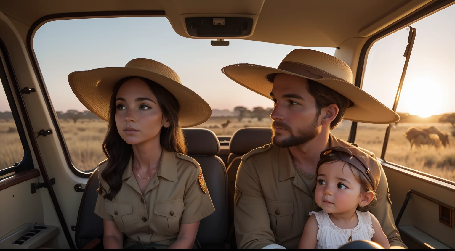 Wildlife Safari Encounter:
Witness The Bucket List Family's awe during an African safari. Garrett, in earth-toned safari attire and a wide-brimmed hat, captures the regal presence of lions on camera. Jess, her natural beauty accentuated by minimal makeup, observes alongside their children from the open-roofed safari vehicle. The golden hues of sunset bathe the savannah in a warm, ethereal light.