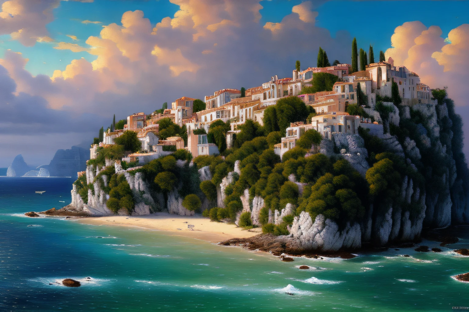 Paysage mer cristalline bleu profond,glycine, Eau cristalline, ciel azur lumineux, ,(Highly detailed CG Unit 8k wallpaper), The most beautiful work of art in the world, Professional majestic oil painting, complexe, High detail, mise au point nette, dramatique, Art of photorealist painting, Alma Tadema