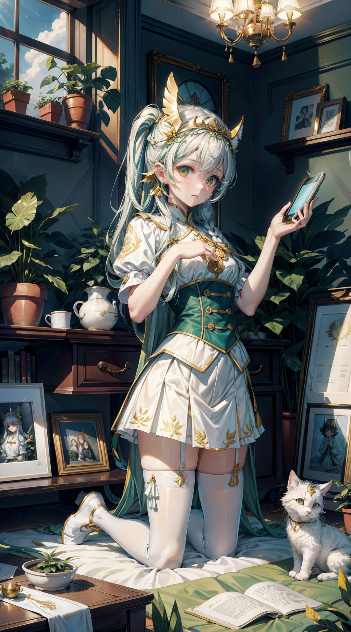 (8K,best qualtiy,tmasterpiece:1.2),(realisticlying,realisticlying:1.2),ultra - detailed,best qualtiy,超高分辨率,profesional lighting,photon maping,physically-based renderingt,maidennurse,Wallpapers,Ray traching,(janelas:1.8),rays of sunshine:2.0,(There is a gold pattern on the skirt),whaite hair,(white stockings:1.2)((Kneeling pose))There are potted plants under the window,(White stockings transparent texture),beast ear,white skirt,There is a little white cat,long hair flowing,There was a lamp by the bed,Big windows,((White phone in hand)),Clothes with green and gold patterns,(golden headdress)