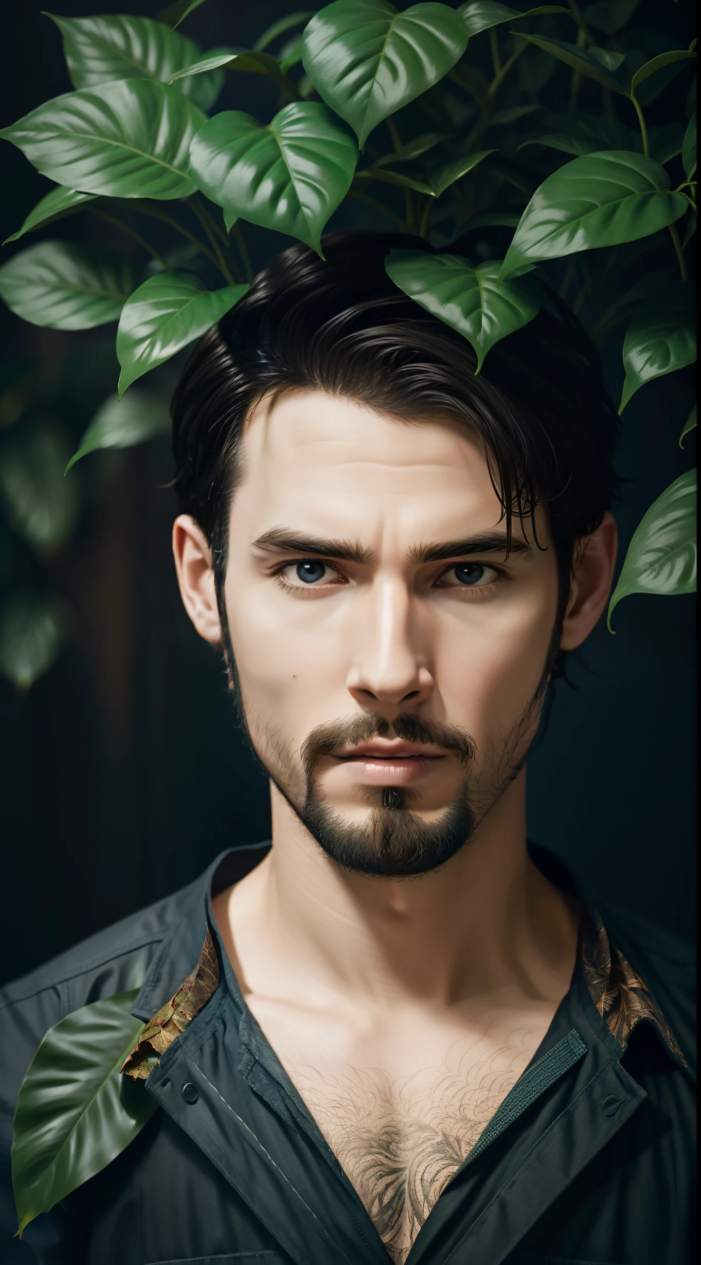 A addiction man at dark home decoration with a brain full of leaves and plants