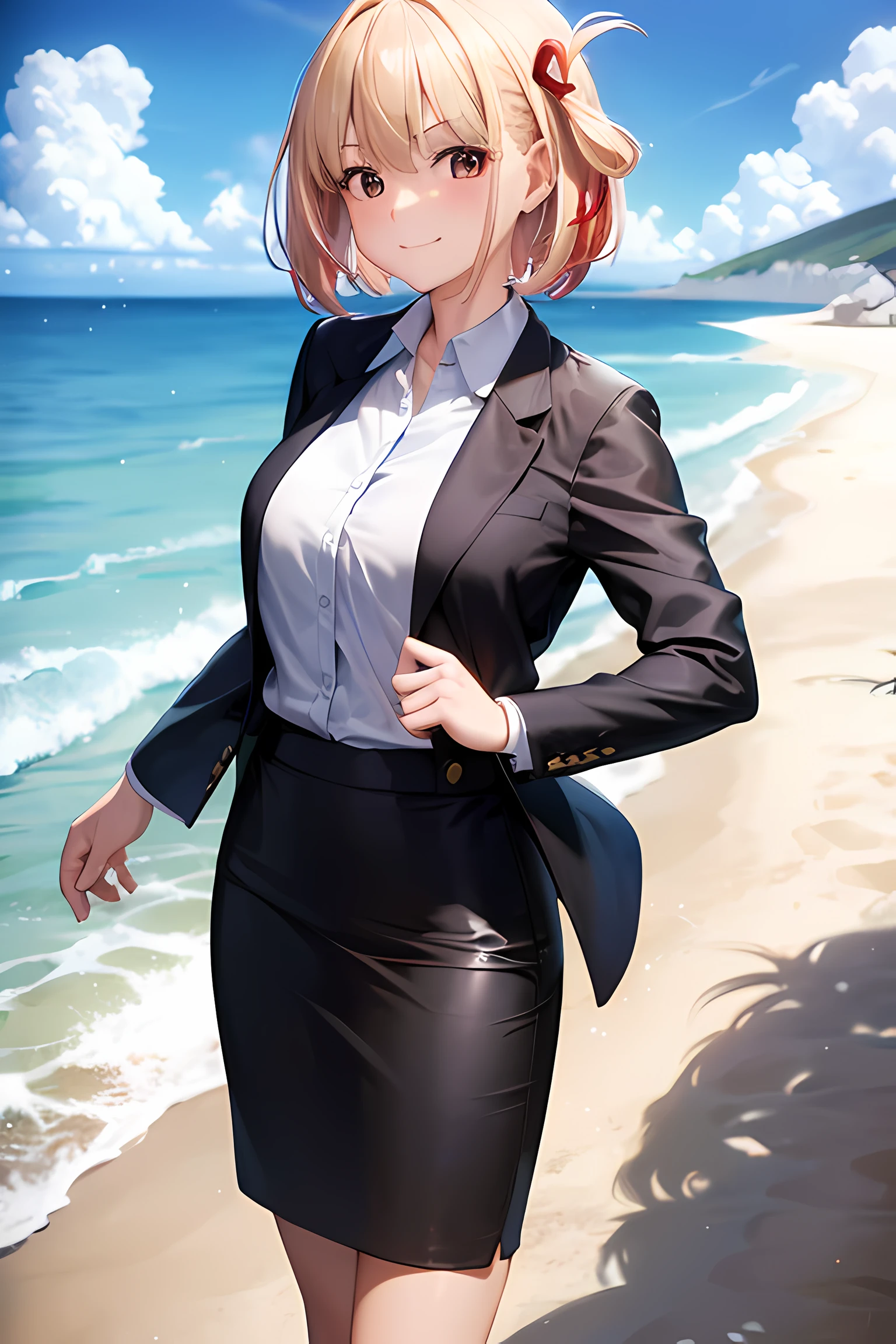 1girl, chisato nishikigi, suit, beach background, office lady, black skirt, black blazer, pencil skirt, white shirt, blonde hair, bob cut, hair ornament, red hair ribbon, short smile, ager,