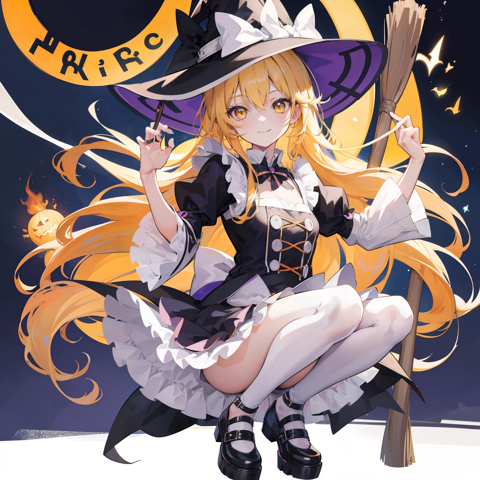 witch girl anime girl anime illustration anime halloween anime anime girl, 1girl, kirisame marisa, hat, solo, blonde hair, style parody, witch hat, yellow eyes, broom, long hair, alphes (style), apron, parody, bow, white bow, hat bow, full body, smile, shoes