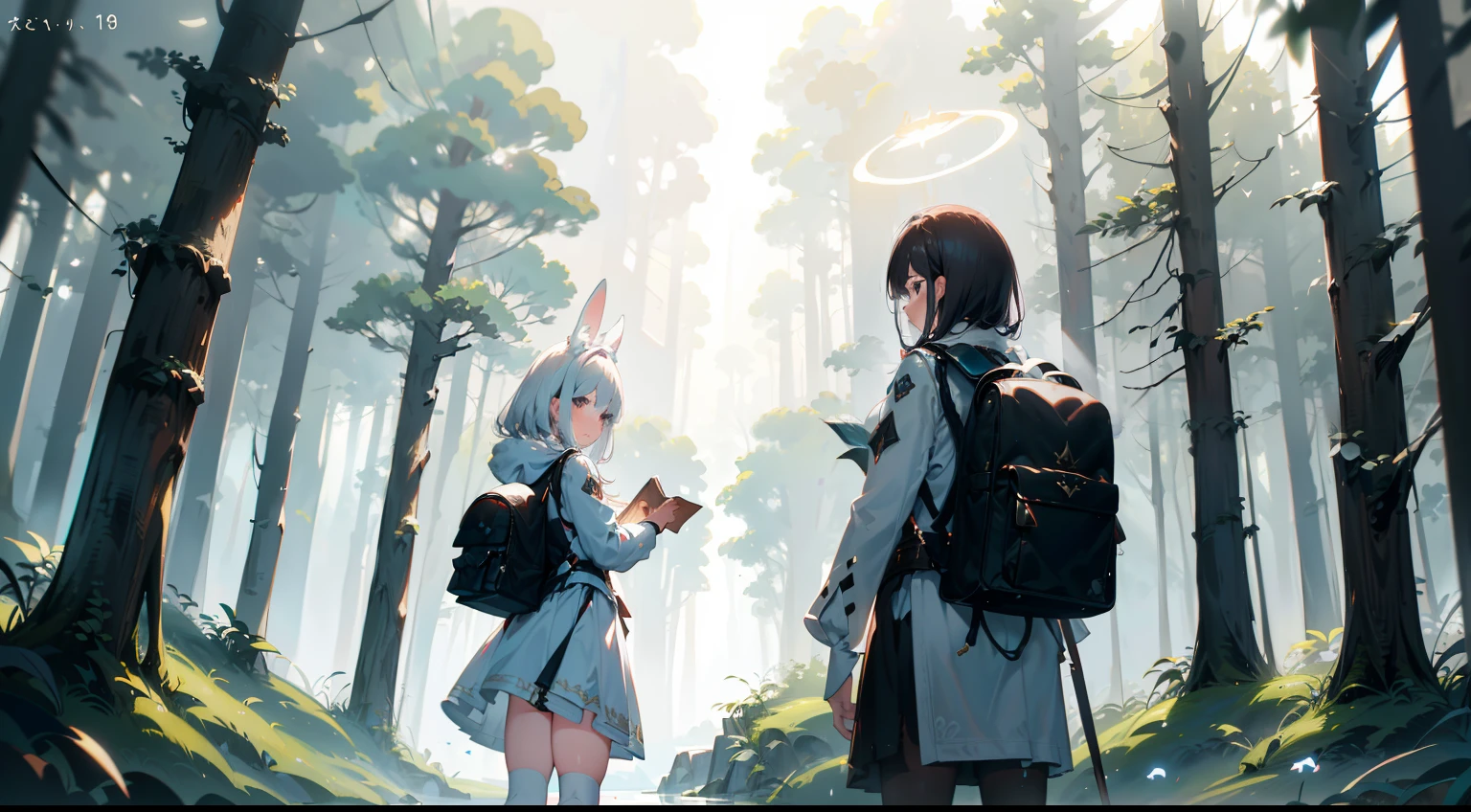 Classic negative portrait photo, fantasy video game character concept art, a cute white fluffy rabbit with a small brown leather backpack looking at a map hiking through the forest, dungeons and dragons, fantasy, river, haze, halo, Bloom, dramatic atmosphere, dark fantasy film of the 1970s, centered, rule of thirds