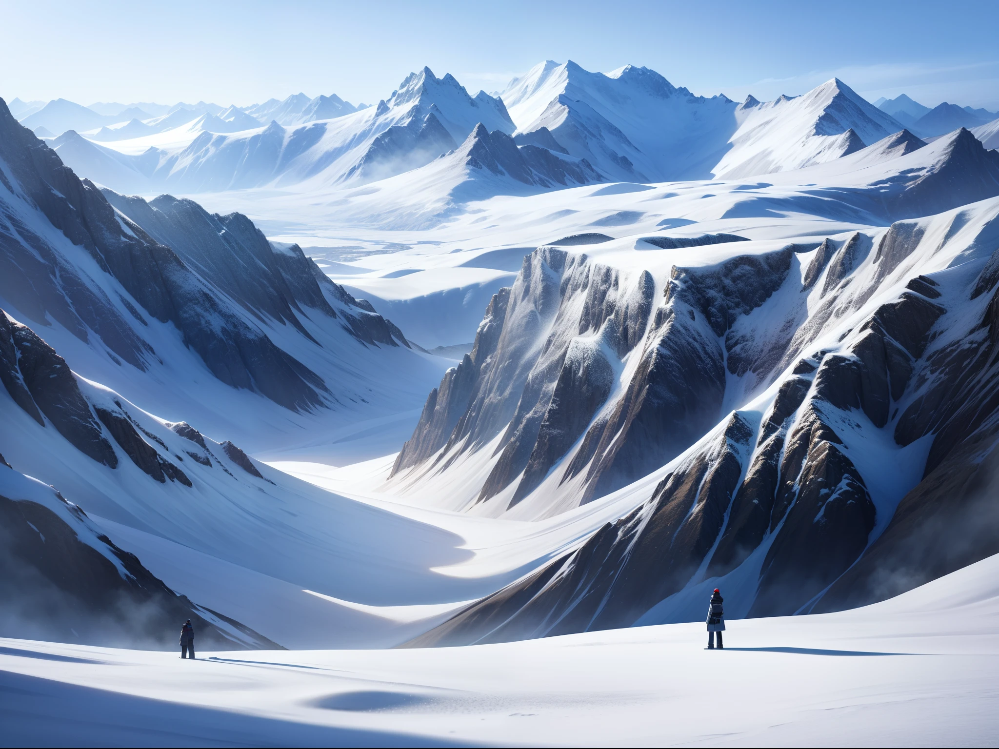 (4k wallpaper,tmasterpiece,Extremely detailed)，（Ultra photo realsisim：1.3）snow mountains，ice field，People in the skiing，midday sunlight，Faraway view
