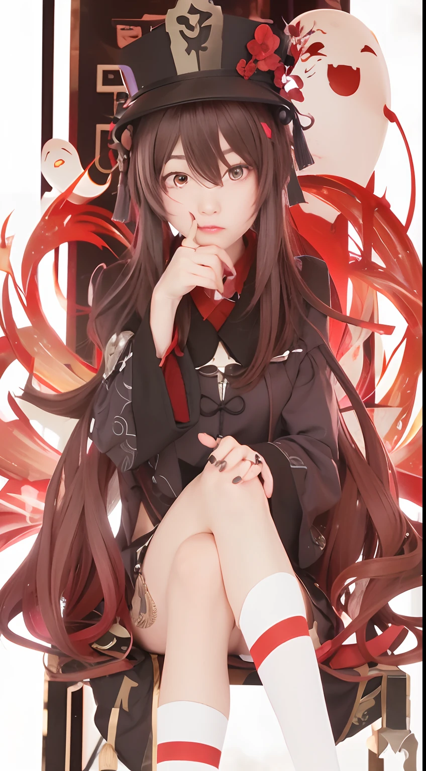 1Girl, sitting, wearing a Chinese funeral hat, wearing white socks and on top of her socks there is a red ribbon, hutao from genshin impact, realistic photo, realistic background in the world Real Japanese, long brown hair, smile, black nails,All anatomy perfect ,Cosplay uses red eye lenses in the middle with a flower star image, genshin impact cosplay ,Such a beautiful woman,Everything is neat, nothing is messed up, everything is perfect,There's nothing like a painting, Her eyes are perfect