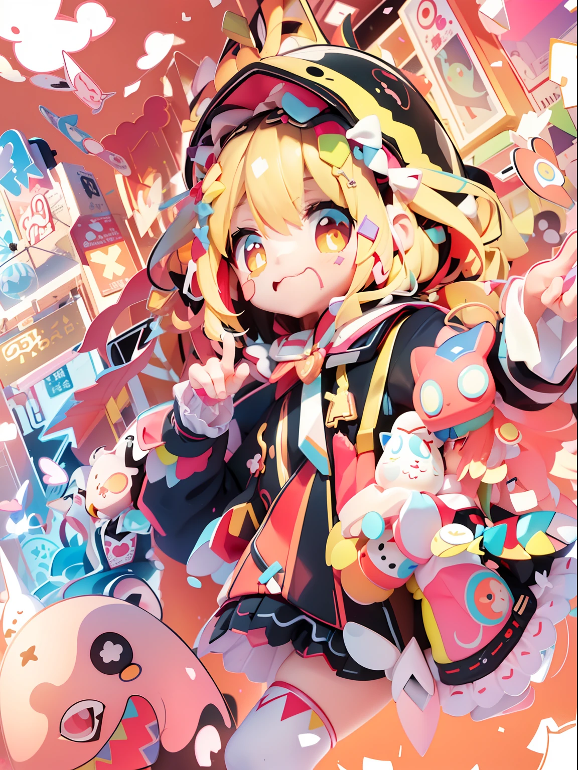 (Anime girls wear red and black hoodies, white, Pink, yellow, Blue confetti on hood, In the style of cute cartoon-like design, Electrical color scheme, Dark white and dark bronze, Vivid color scheme, Happy Expressionism, 20mp, Dynocore), (Anime panda girl in hoodie signing on camera, In the style of colorful mosaics, nightcore, Hard Edge Painting, Pattern Expansion, flickr, Cute and colorful, close-up), (While a small confetti is pouring out、Girl showing index and middle fingers, In a cute art style, Philip Pantone, nightcore, shilin huang, Vivid color scheme, Dark white and dark bronze, Hi-Vision Ministry of Defense), (Girl in panda bear hoodie makes face, In the style of a colorful palette, nightcore, shilin huang, zigzag, uhd image, Aztec art, shiny)