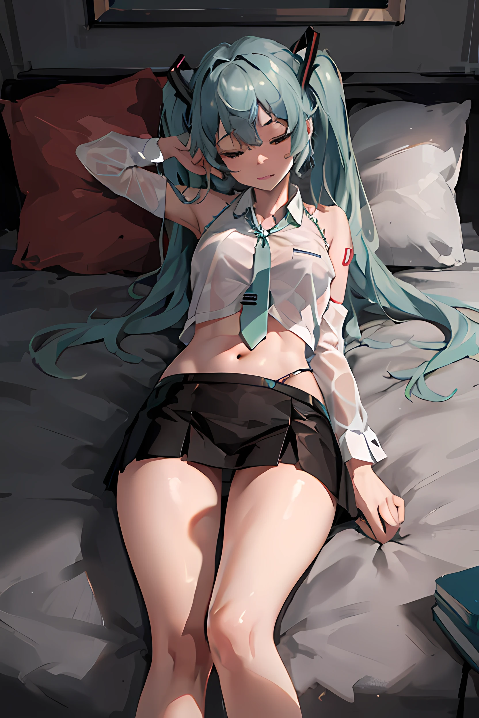 best_quality, realidad, hd 4k, ahegao, hatsune miku, sexy, camisa gris, corbata azul, falda negra, medias negras, muslos grandes, acostada en la cama, brazos detras de la cabeza, sexy pose, pose misionero, piernas abiertas, Pose-cama , Noche, oscuro