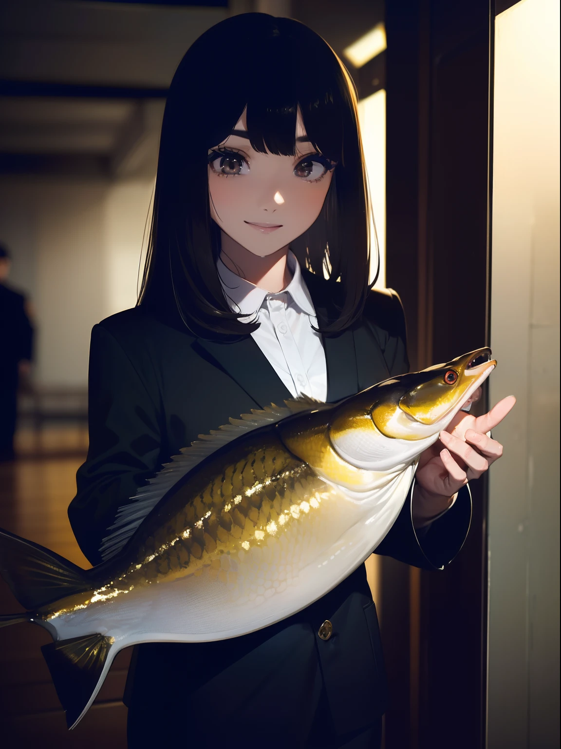 ((((Catching a big black bass by the lakeside)))),((Best Quality, masutepiece :1.3)),((( Large Mouth Bass))),hight resolution,ultra-detailliert,Beauty and aesthetics,masterpiece,best qualtiy,(1 Japanese woman),Black hair, long eyeslashes, Solid Circle Eyes, smile, drop shadow, Atmospheric perspective,Super Detail, ccurate, small brest,(Black jacket :1.1),top-quality, absurderes:1.2, blurry backround, bokeh dof:1.2, a picture, (masterpiece:1.3), (intricate detailes:1.2), Atmospheric perspective,Super Detail, ccurate,